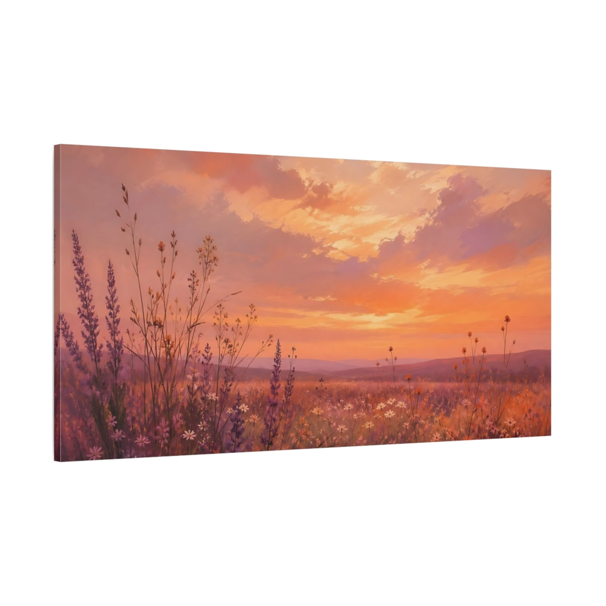 Side Mockup 2. Nature Wildflower Field Orange Purple Landscape shown as stretched canvas wall art