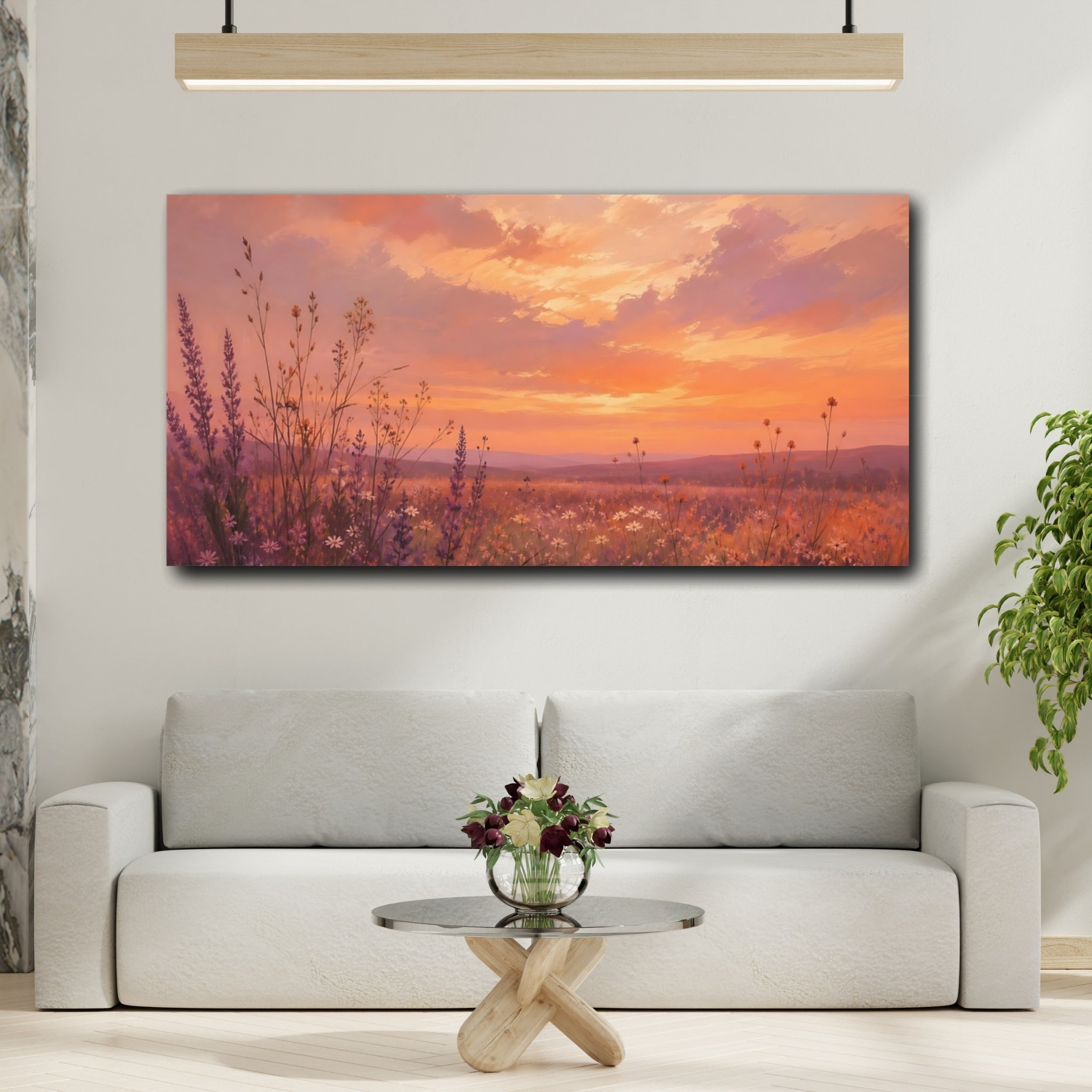Mockup 2. Nature Wildflower Field Orange Purple Landscape shown as stretched canvas wall art