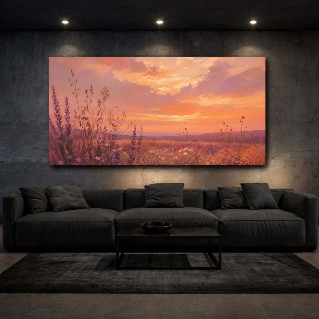 Mockup 3. Nature Wildflower Field Orange Purple Landscape shown as stretched canvas wall art