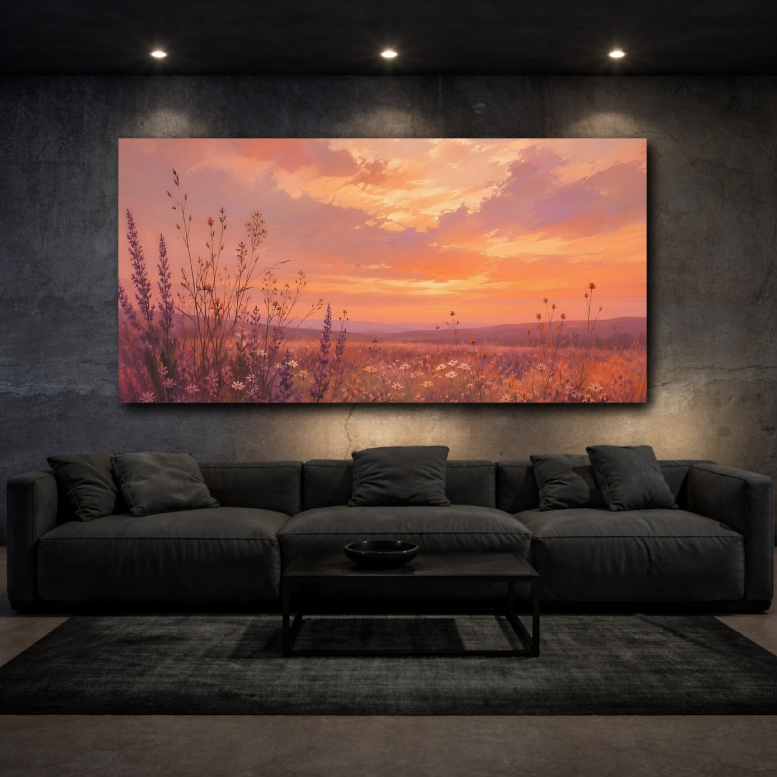 Mockup 3. Nature Wildflower Field Orange Purple Landscape shown as stretched canvas wall art