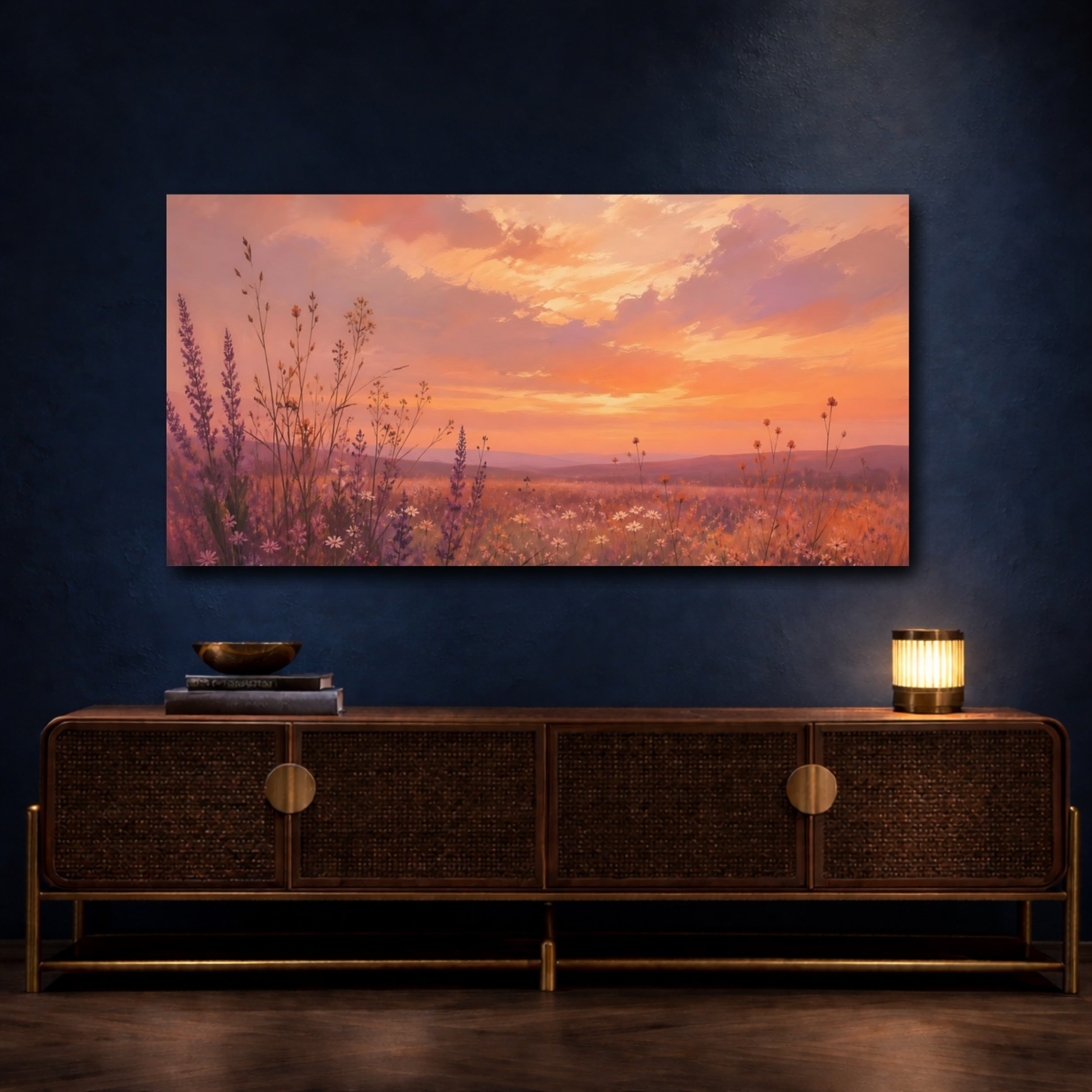 Mockup 4. Nature Wildflower Field Orange Purple Landscape shown as stretched canvas wall art