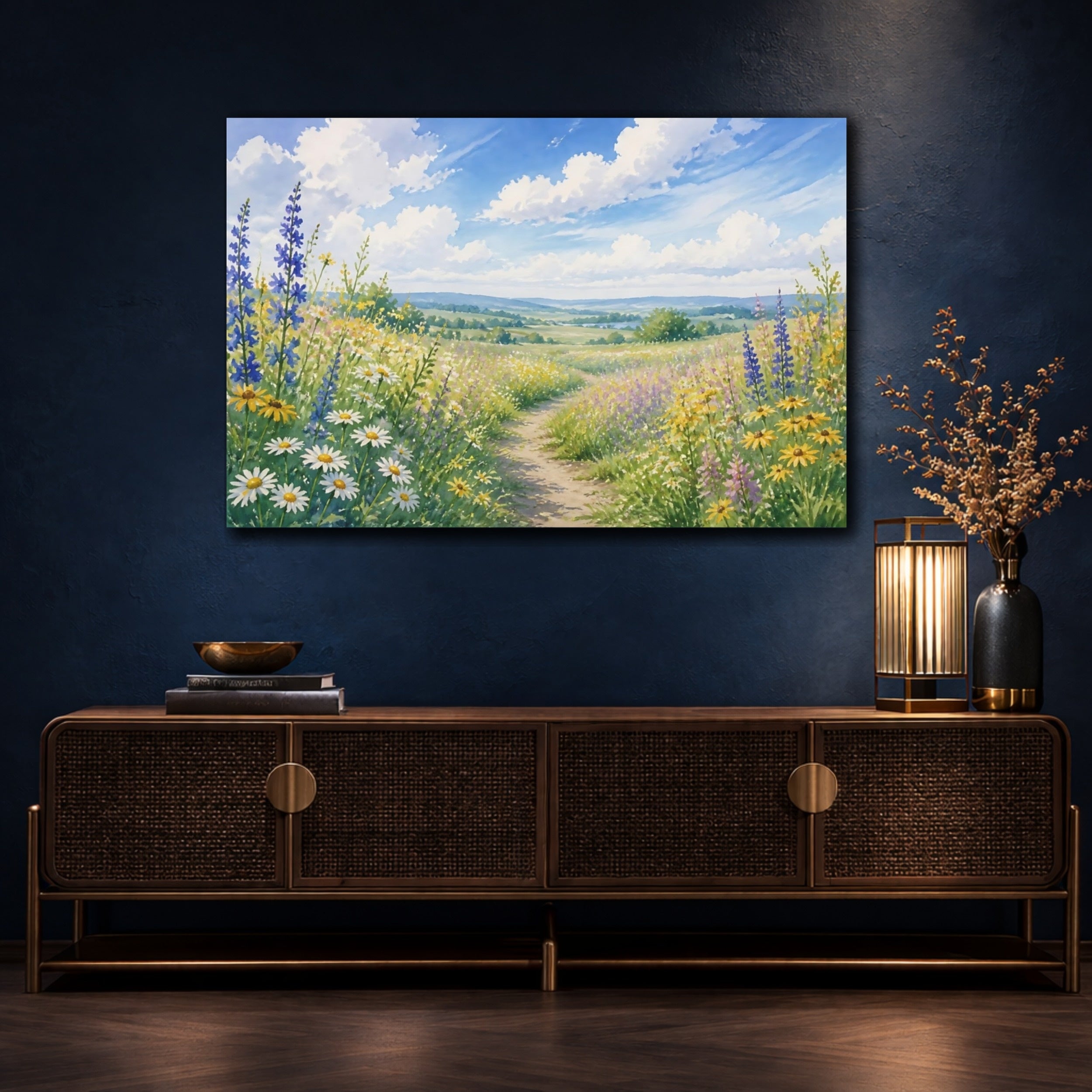 Mockup 4. Nature Wildflower Meadow Colorful Wildflowers shown as stretched canvas wall art