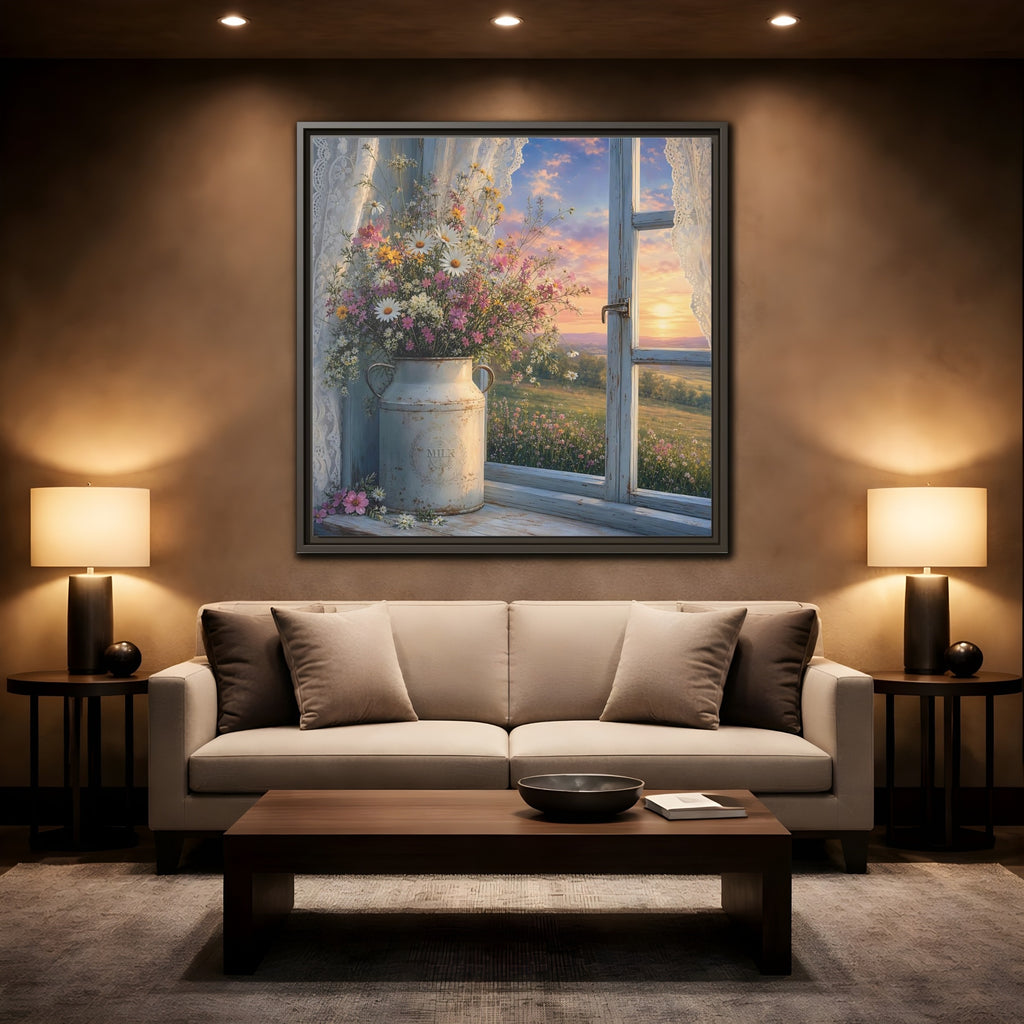 Mockup 2. Nature Wildflowers Floral Sunset shown as stretched canvas wall art