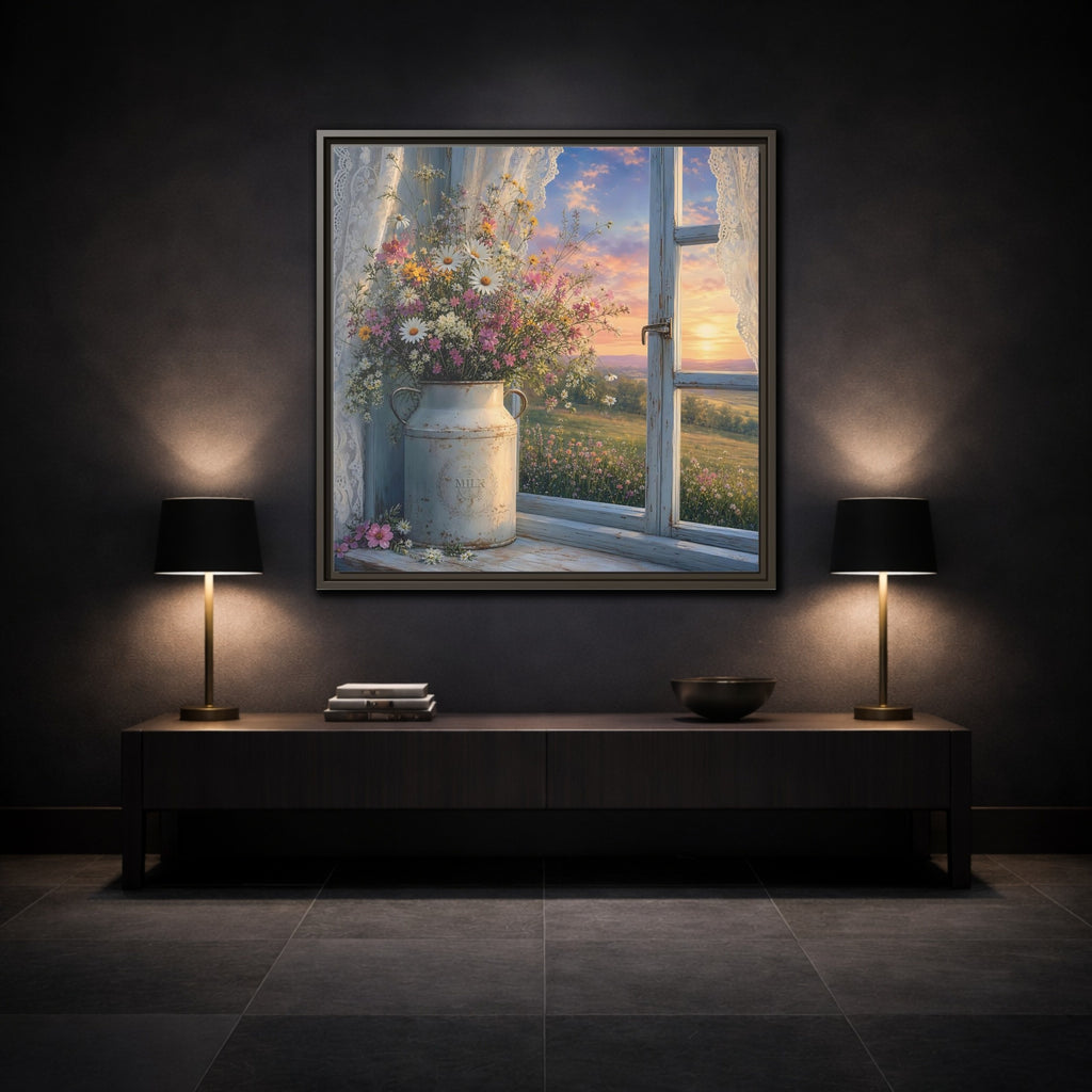 Mockup 3. Nature Wildflowers Floral Sunset shown as stretched canvas wall art