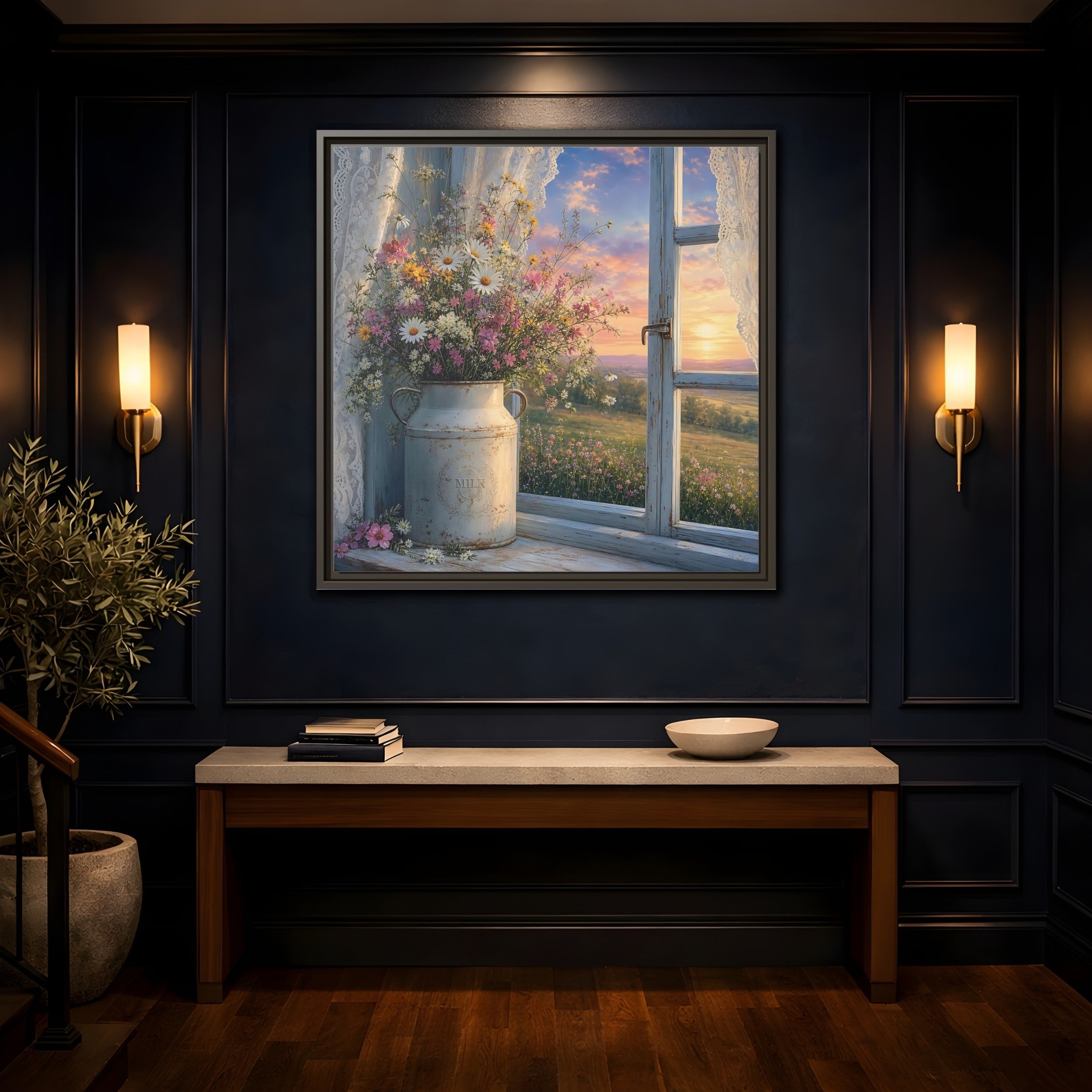 Mockup 4. Nature Wildflowers Floral Sunset shown as stretched canvas wall art