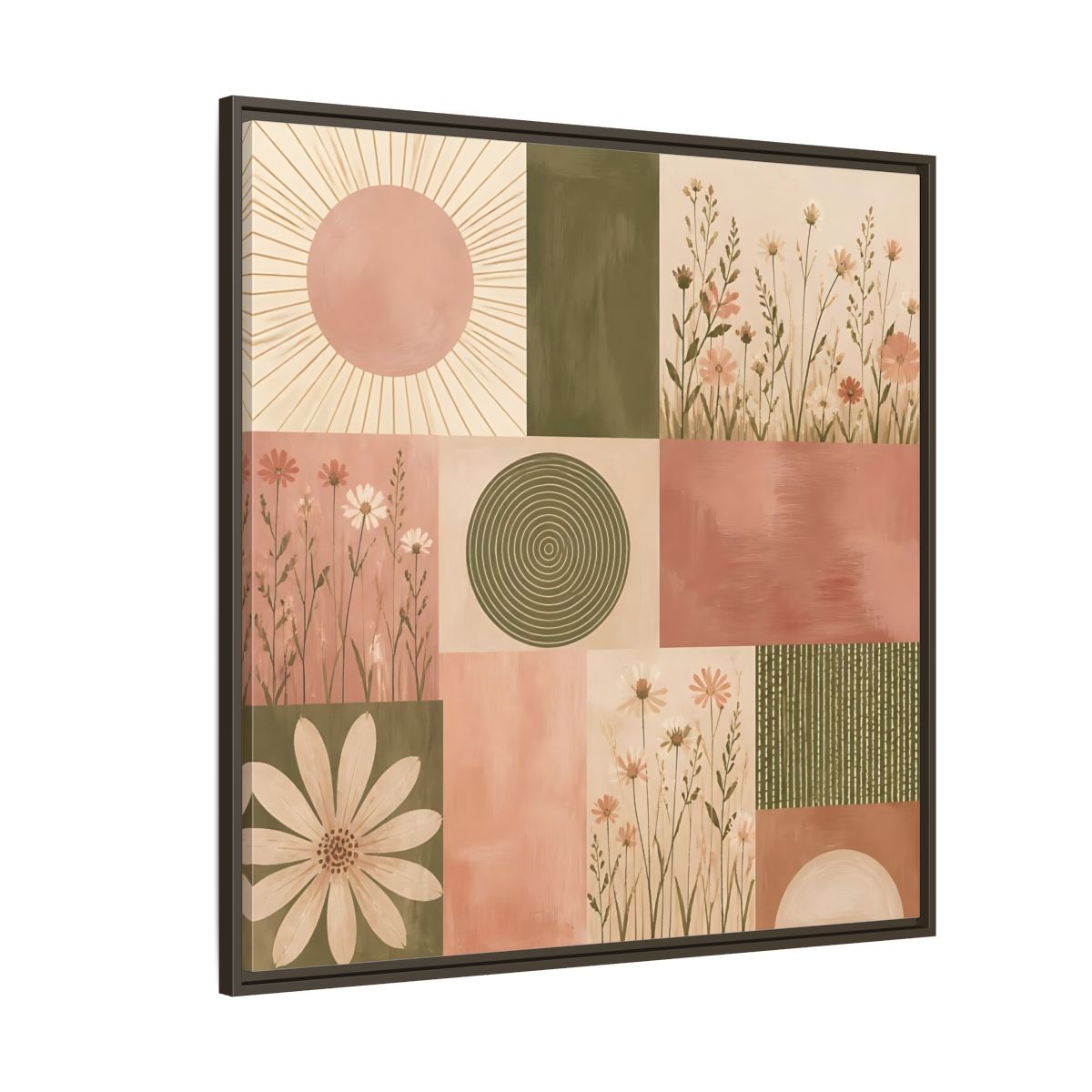 Side Mockup 5. Nature Wildflowers Pink Green Floral shown as stretched canvas wall art