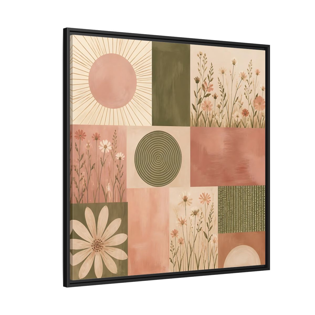 Side Mockup 6. Nature Wildflowers Pink Green Floral shown as stretched canvas wall art