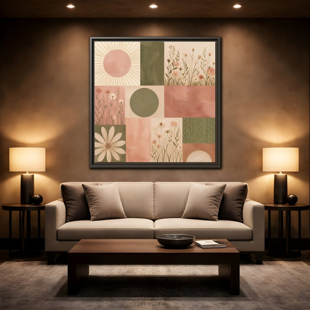 Mockup 2. Nature Wildflowers Pink Green Floral shown as stretched canvas wall art
