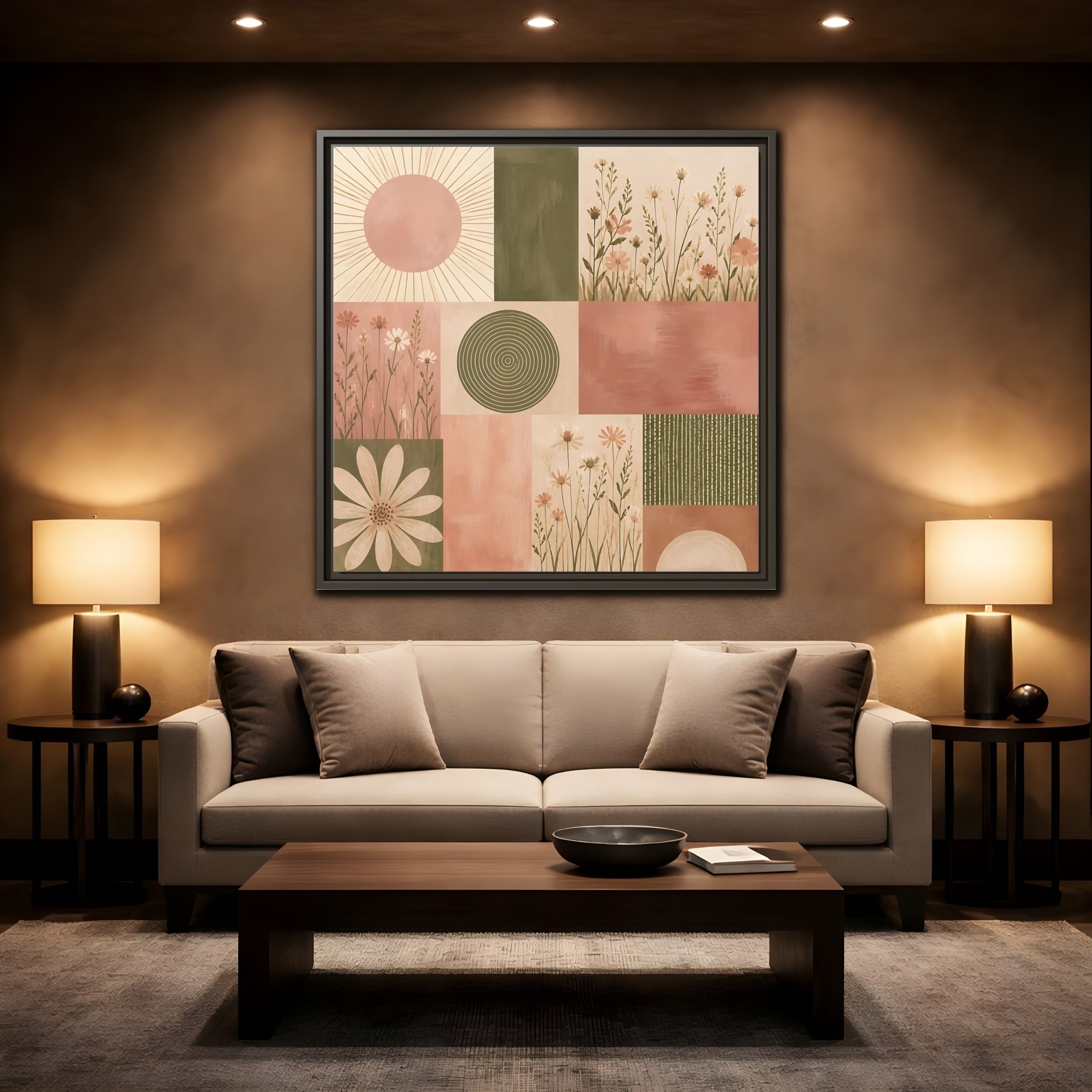 Mockup 2. Nature Wildflowers Pink Green Floral shown as stretched canvas wall art