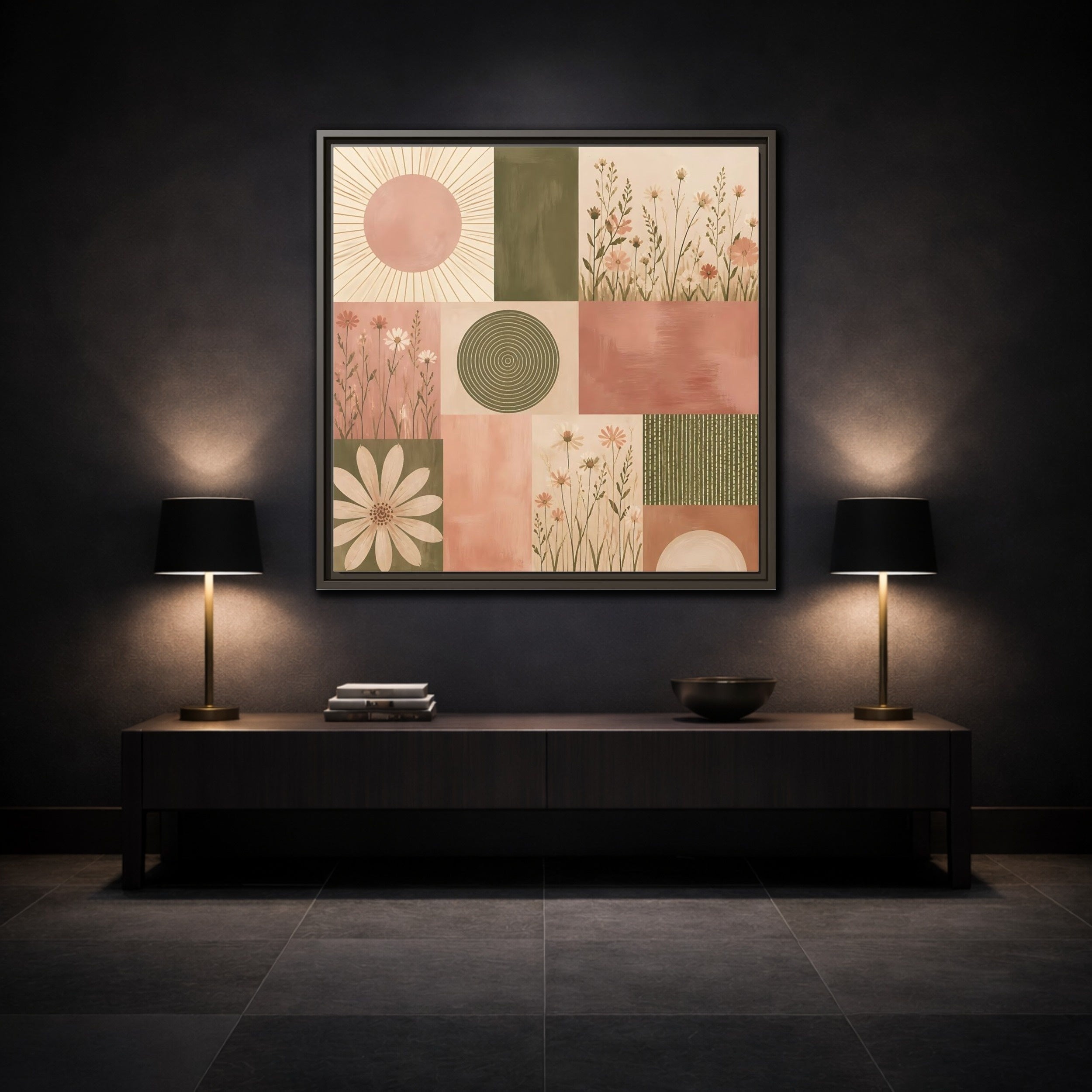 Mockup 3. Nature Wildflowers Pink Green Floral shown as stretched canvas wall art