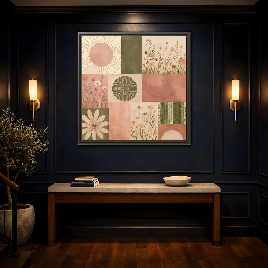 Mockup 4. Nature Wildflowers Pink Green Floral shown as stretched canvas wall art