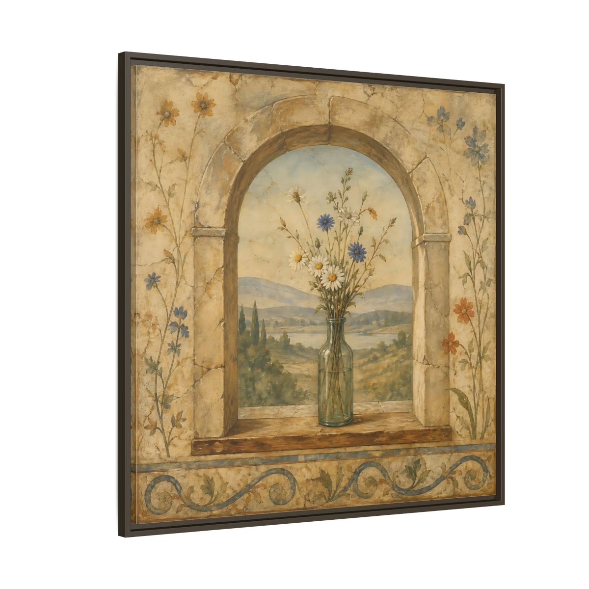 Side Mockup 5. Nature Wildflowers Rustic Floral Archway shown as stretched canvas wall art