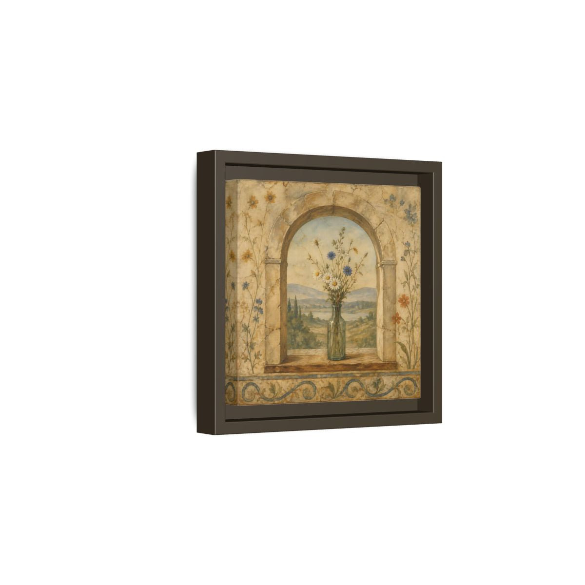 Side Mockup 2. Nature Wildflowers Rustic Floral Archway shown as stretched canvas wall art