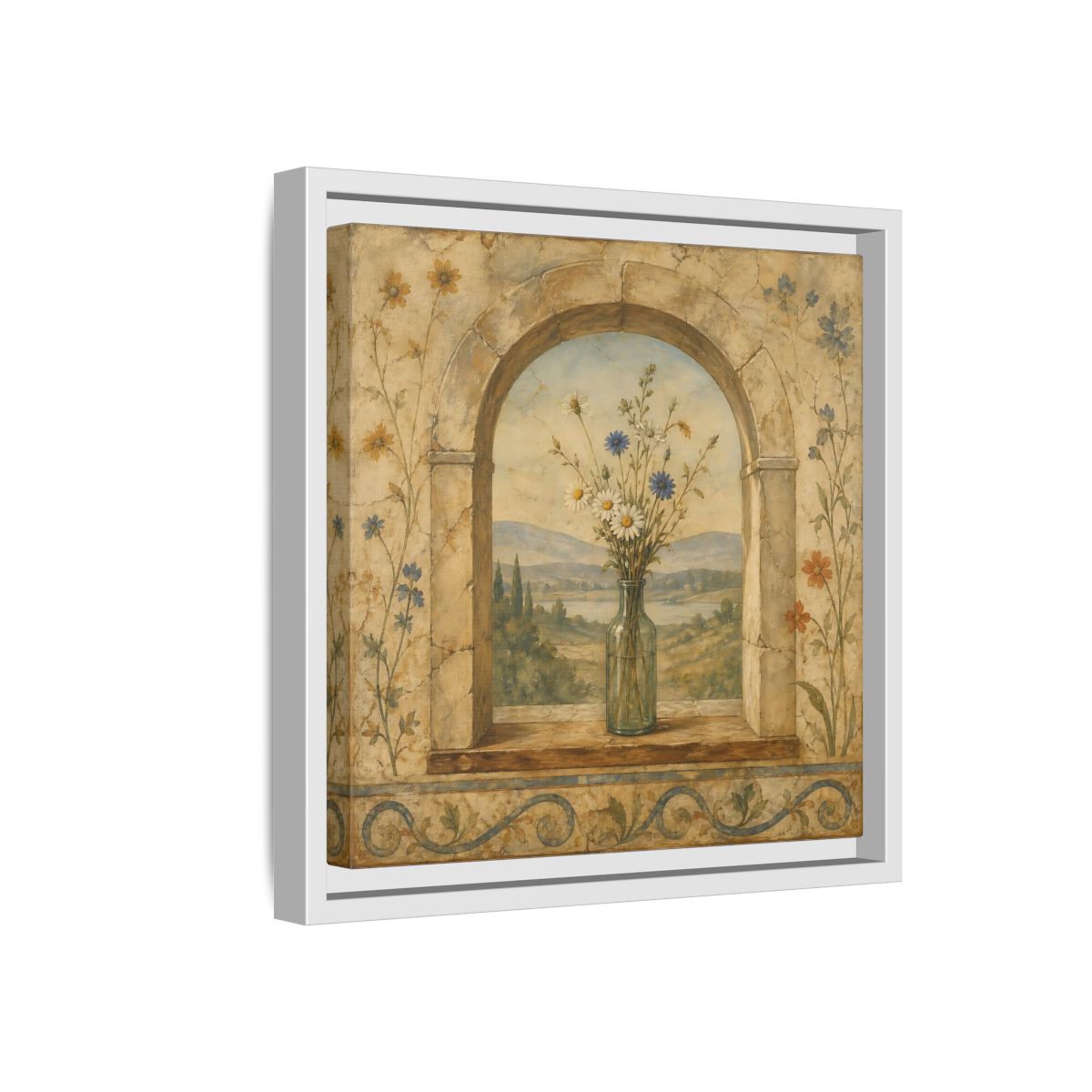 Side Mockup 16. Nature Wildflowers Rustic Floral Archway shown as stretched canvas wall art