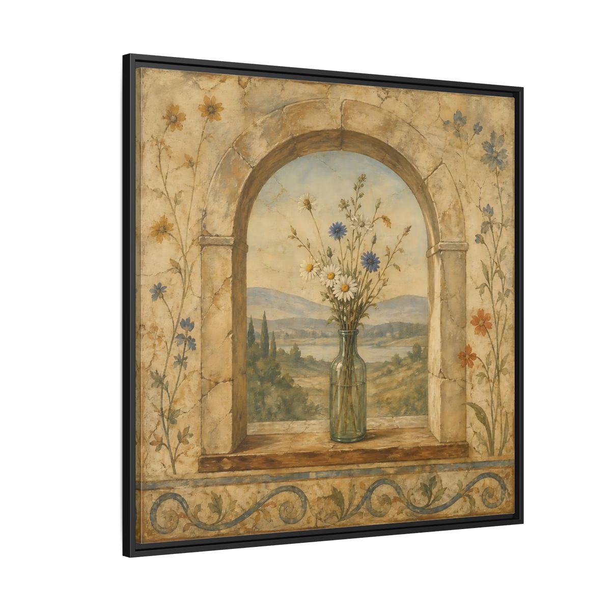 Side Mockup 6. Nature Wildflowers Rustic Floral Archway shown as stretched canvas wall art