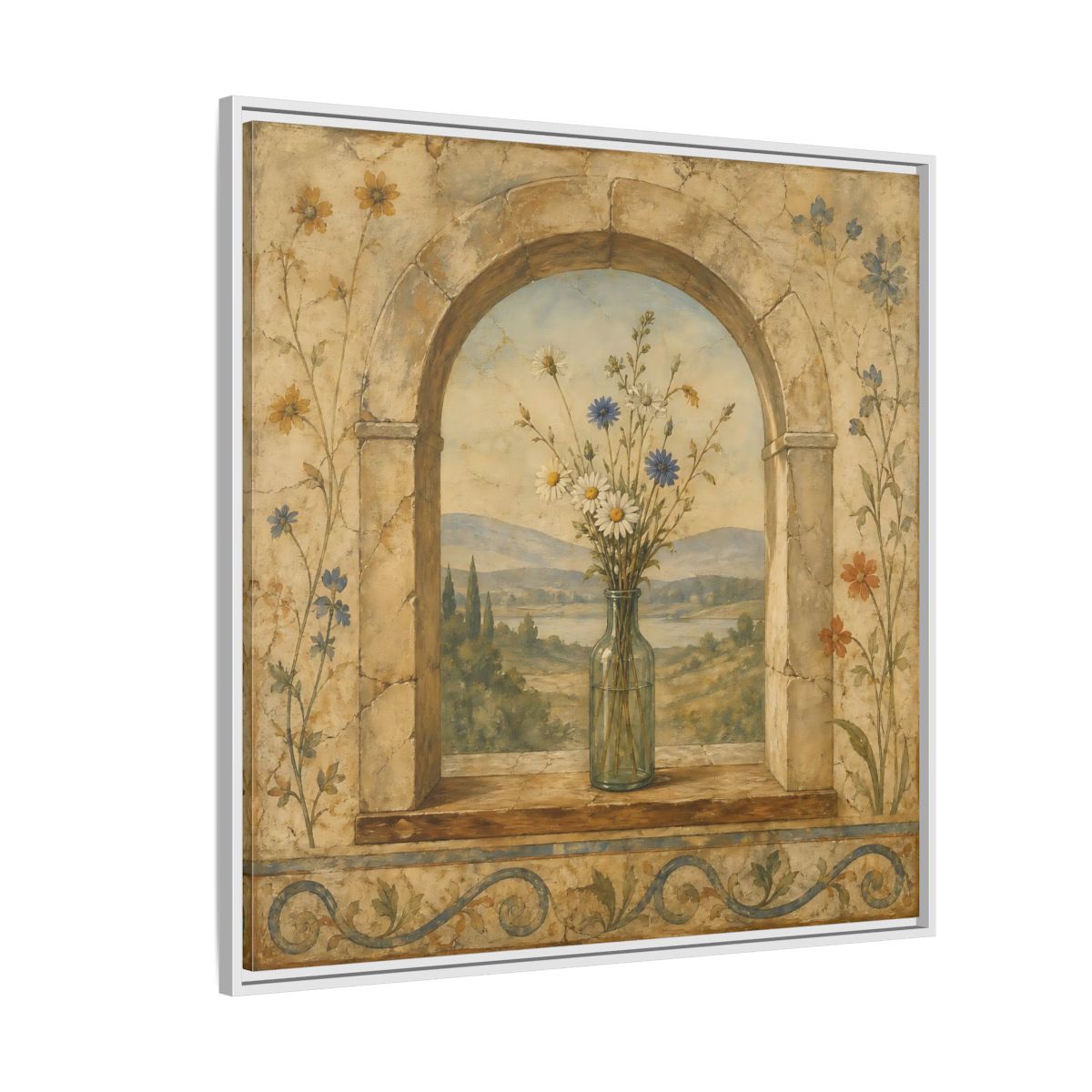 Side Mockup 4. Nature Wildflowers Rustic Floral Archway shown as stretched canvas wall art