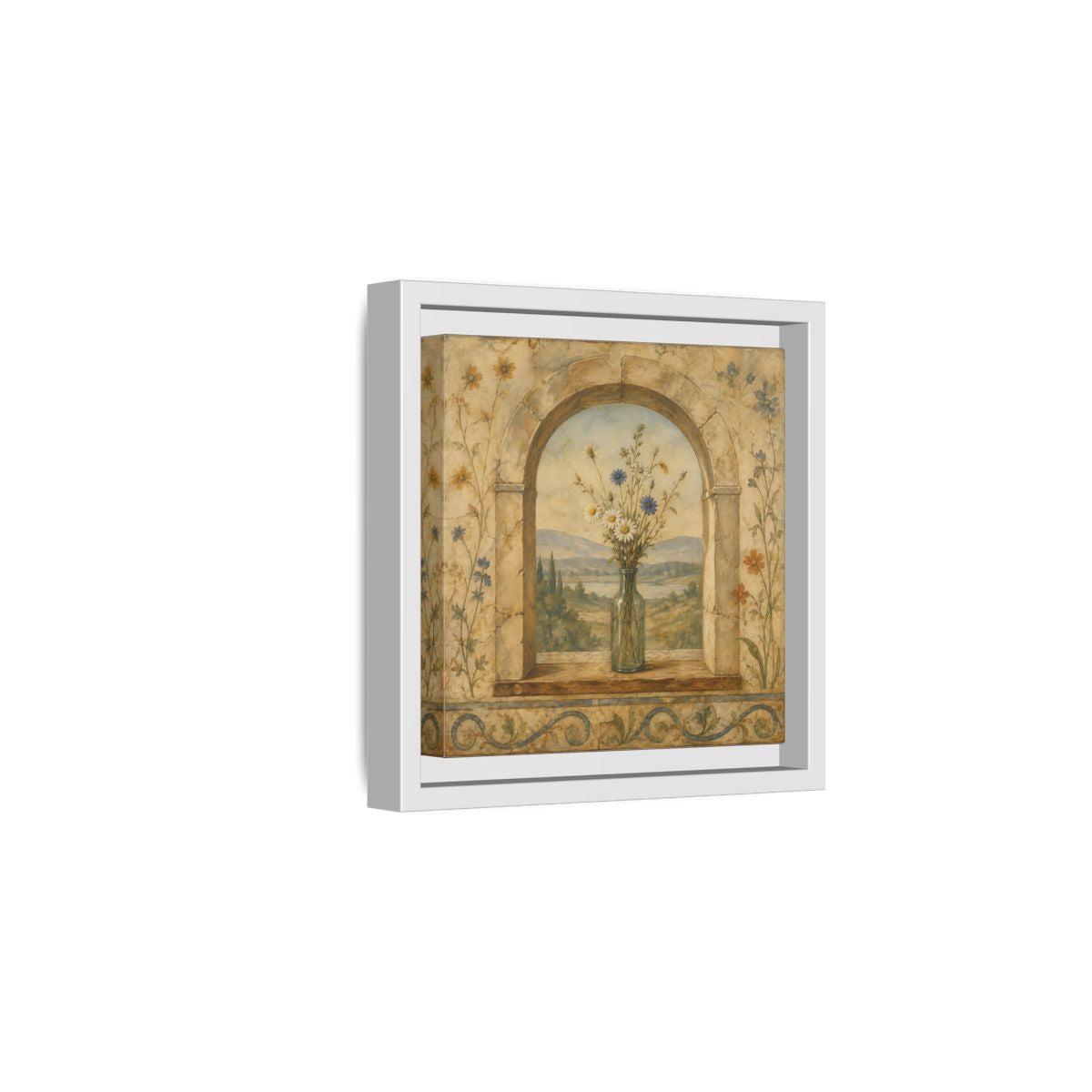 Side Mockup 1. Nature Wildflowers Rustic Floral Archway shown as stretched canvas wall art