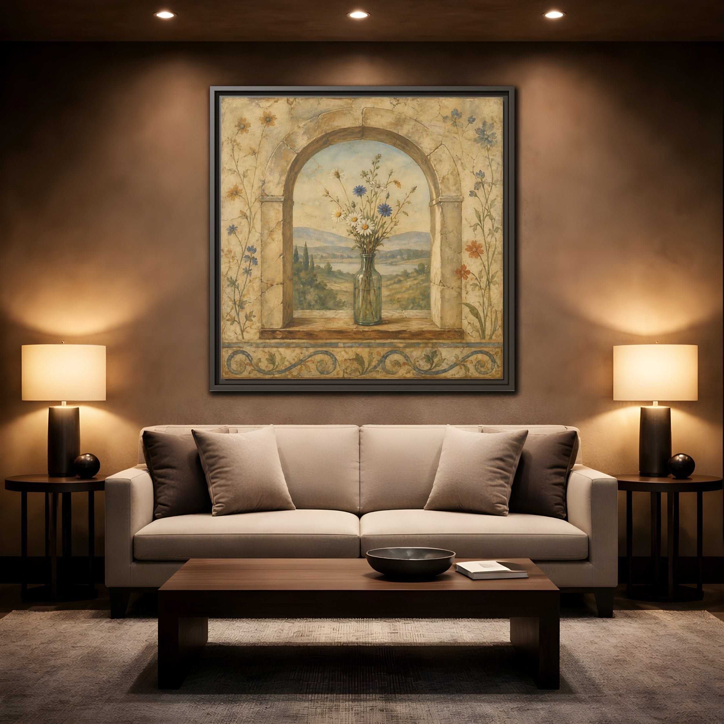 Mockup 2. Nature Wildflowers Rustic Floral Archway shown as stretched canvas wall art