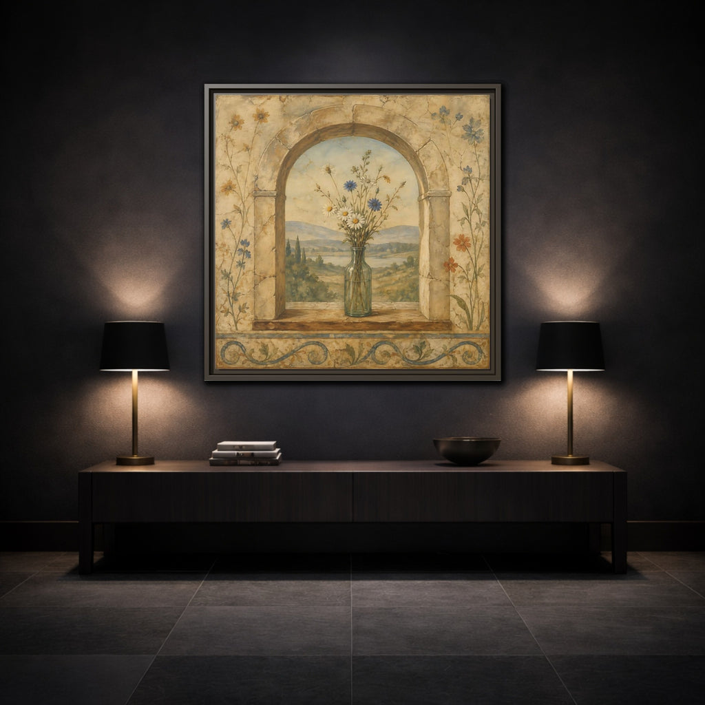 Mockup 3. Nature Wildflowers Rustic Floral Archway shown as stretched canvas wall art
