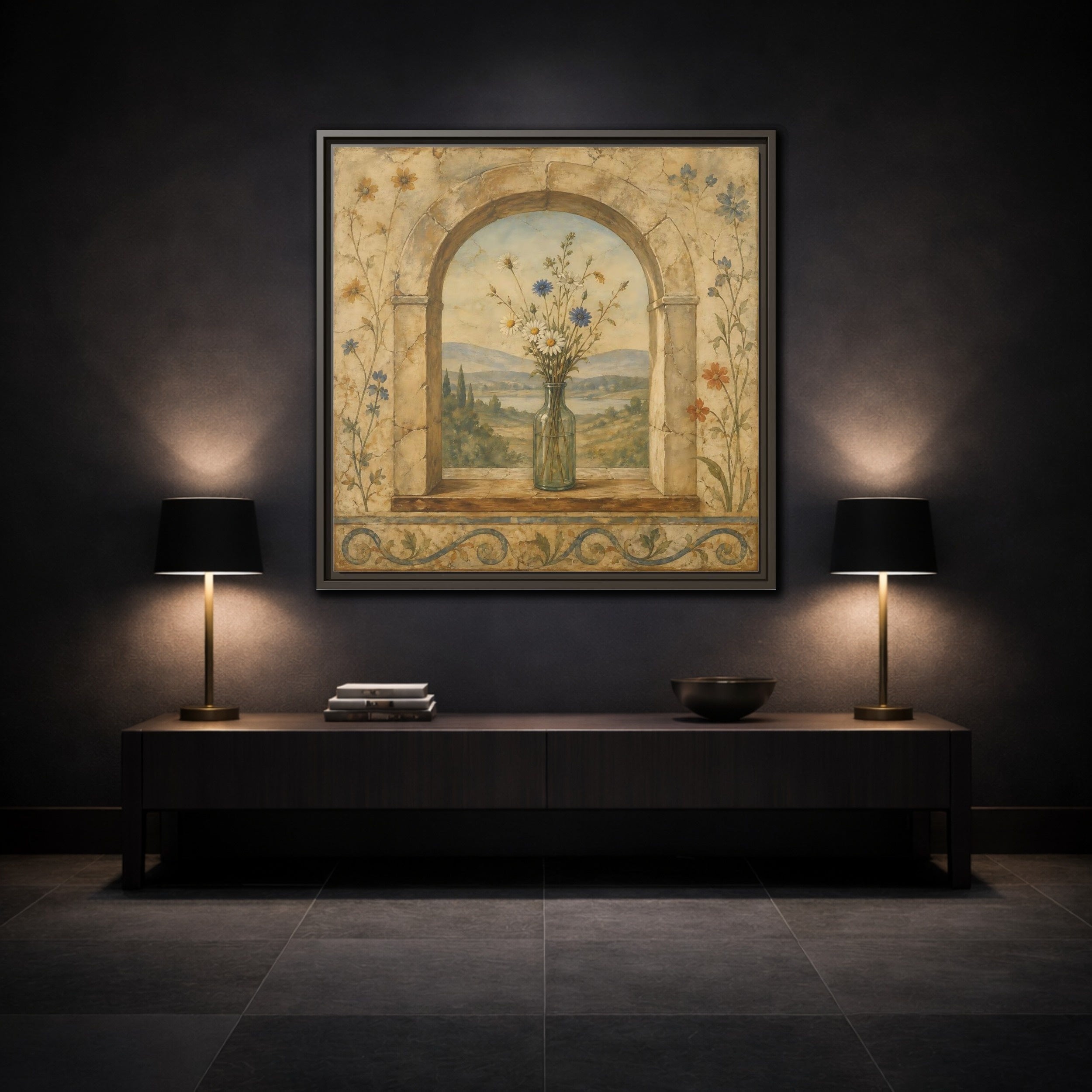 Mockup 3. Nature Wildflowers Rustic Floral Archway shown as stretched canvas wall art