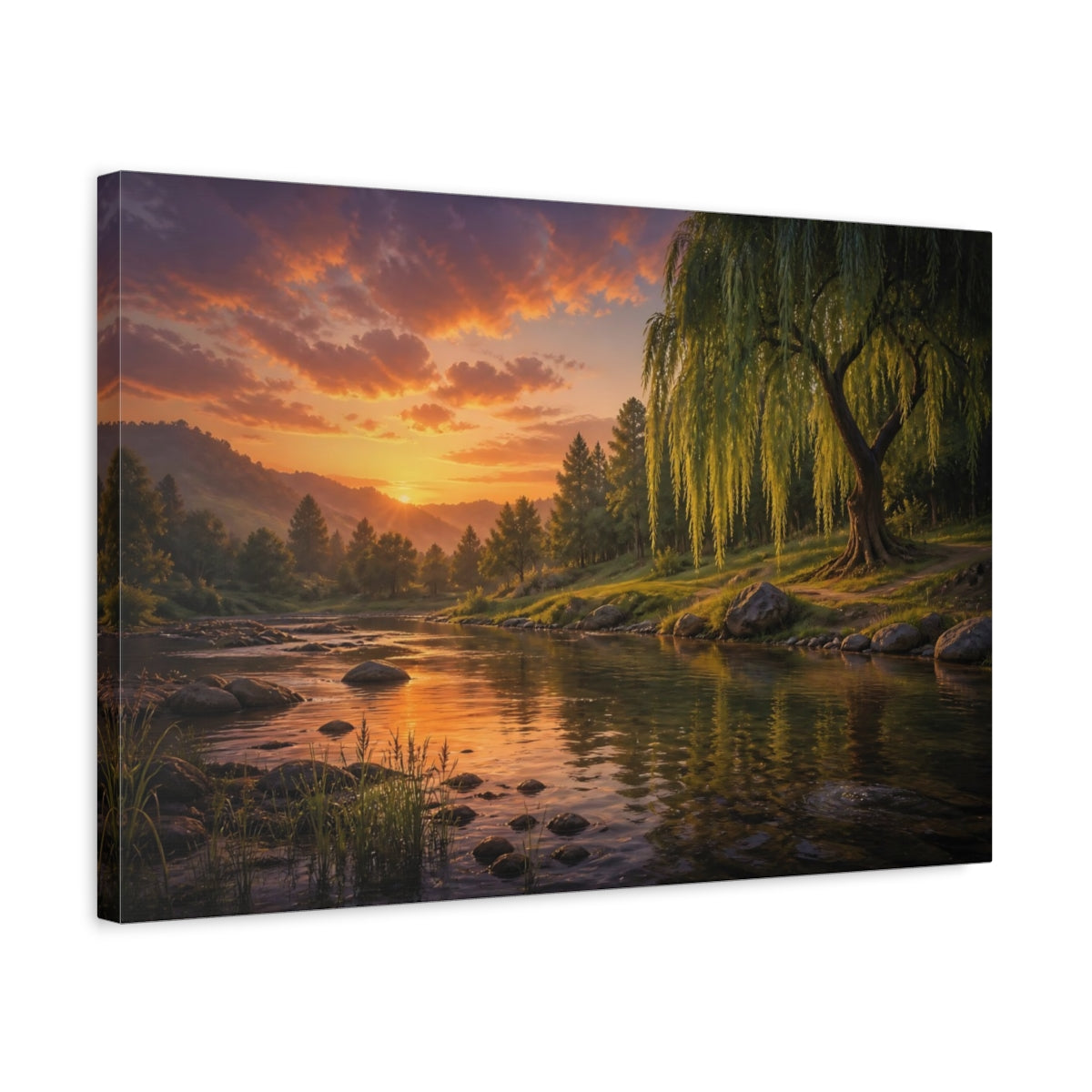 Side Mockup 3. Nature Willow Tree Orange And Green shown as canvas print