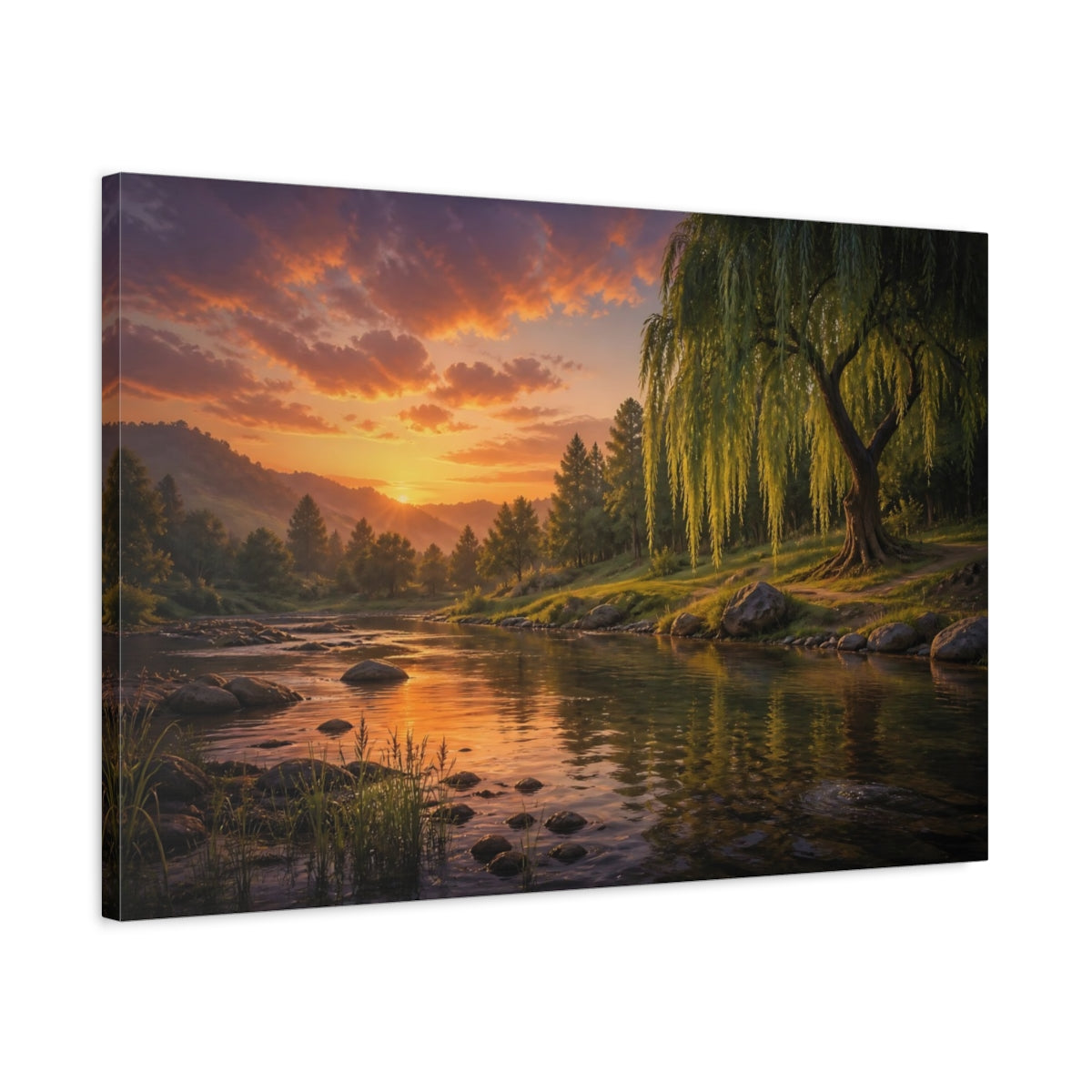Side Mockup 2. Nature Willow Tree Orange And Green shown as canvas print