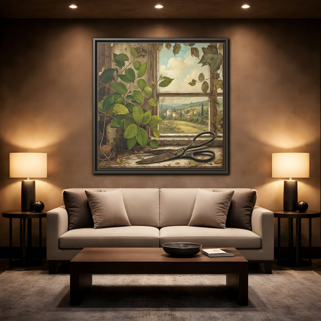 Mockup 2. Nature Window View Rustic Window View shown as stretched canvas wall art
