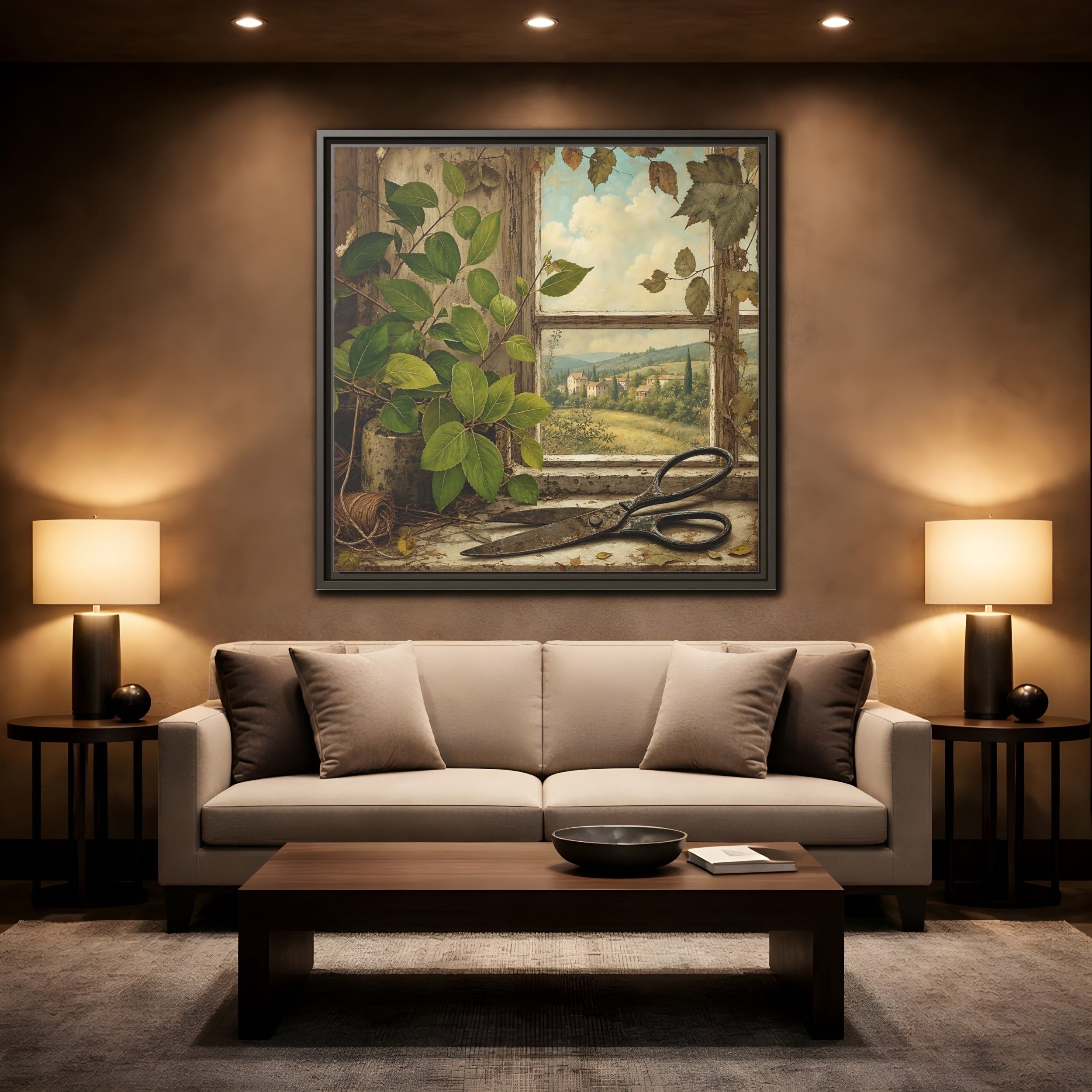 Mockup 2. Nature Window View Rustic Window View shown as stretched canvas wall art