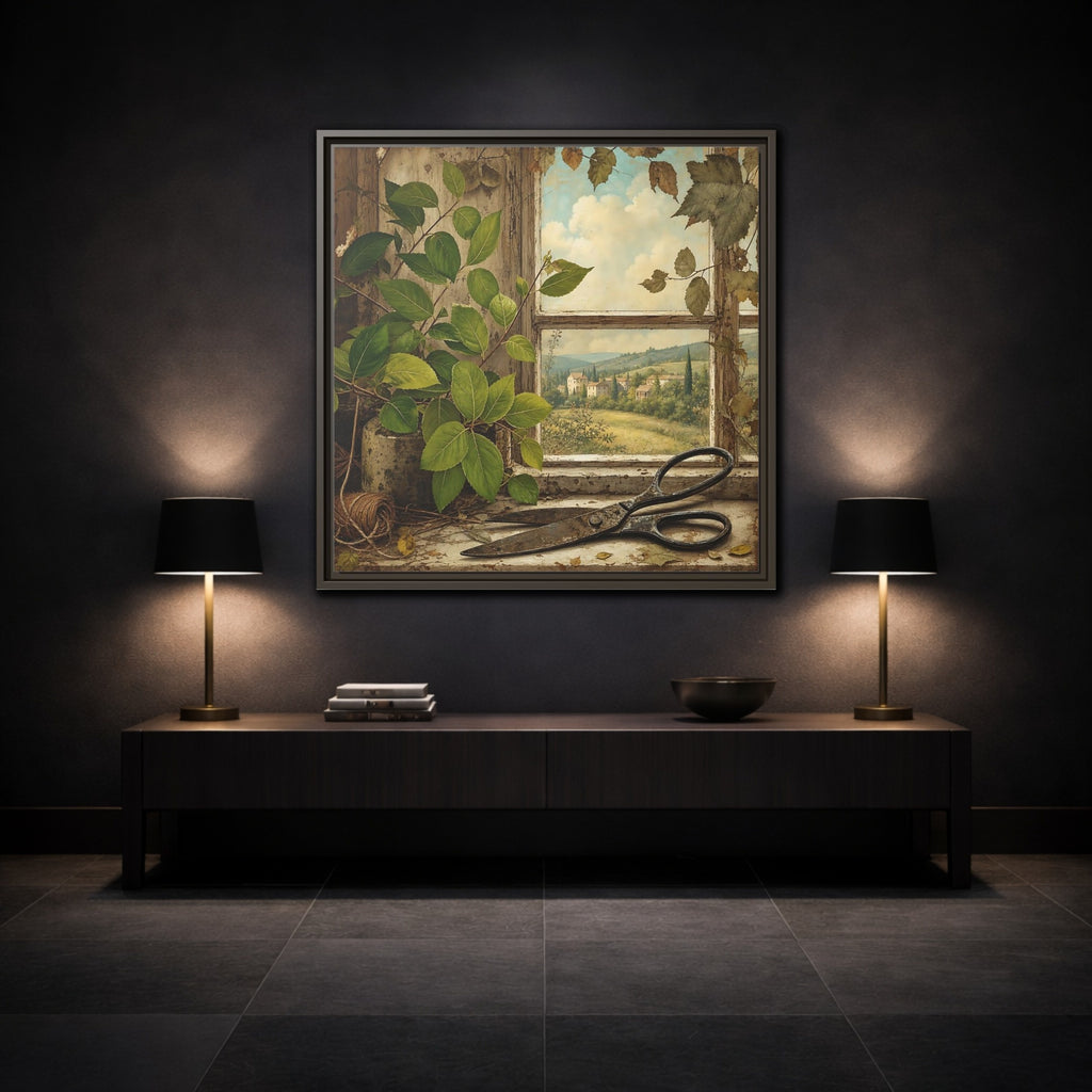 Mockup 3. Nature Window View Rustic Window View shown as stretched canvas wall art