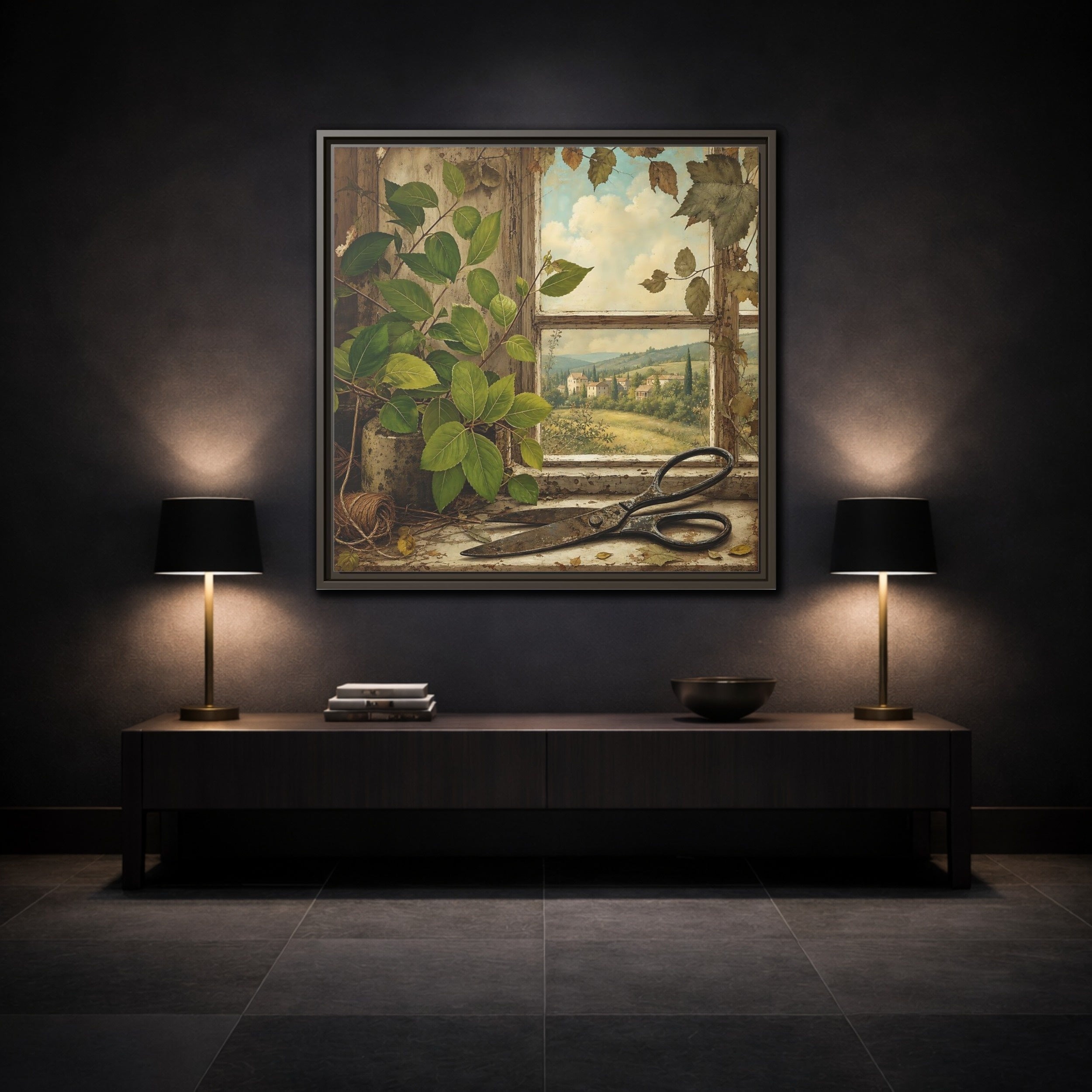 Mockup 3. Nature Window View Rustic Window View shown as stretched canvas wall art