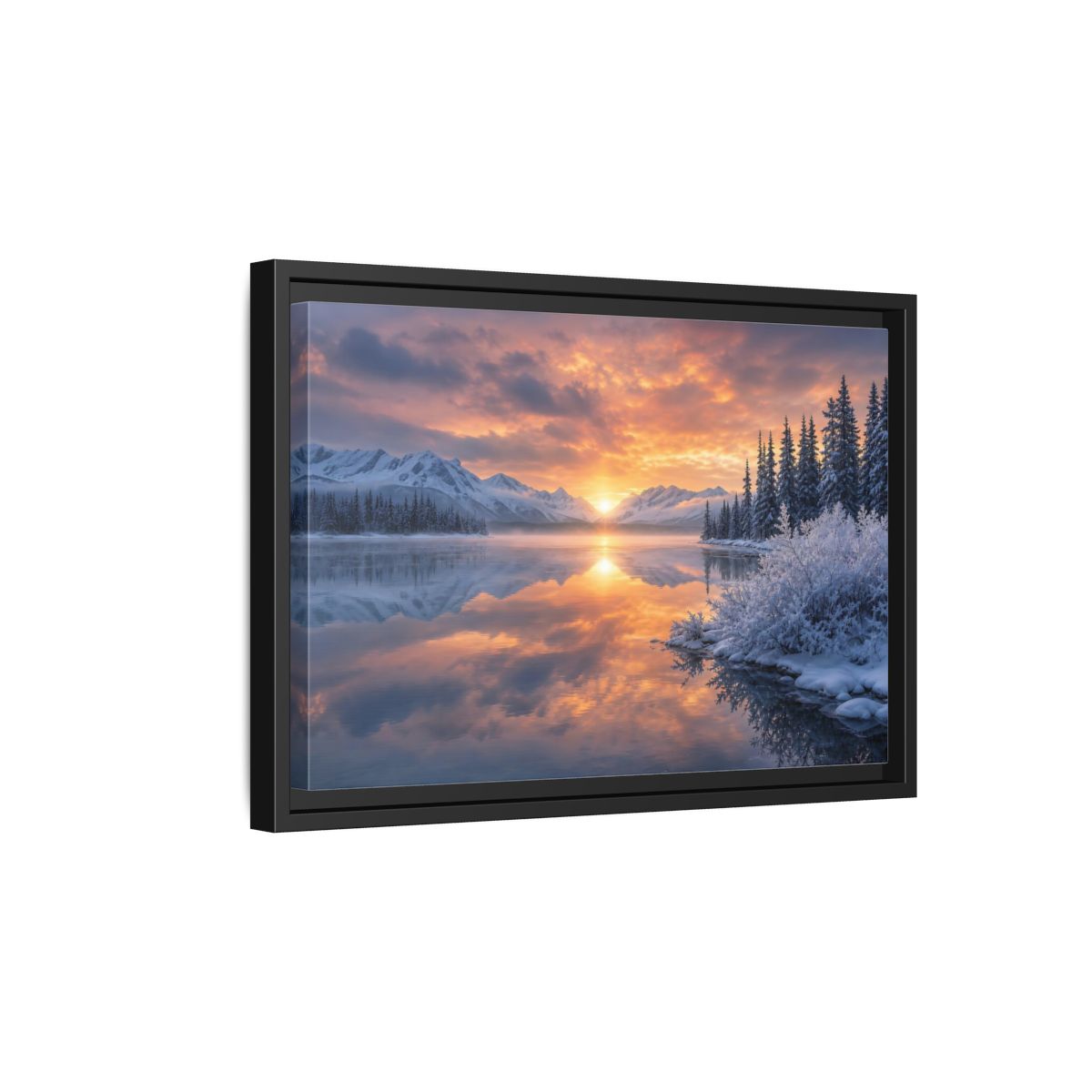 Side Mockup 6. Nature Winter Lake Winter Sunset Landscape shown as stretched canvas wall art
