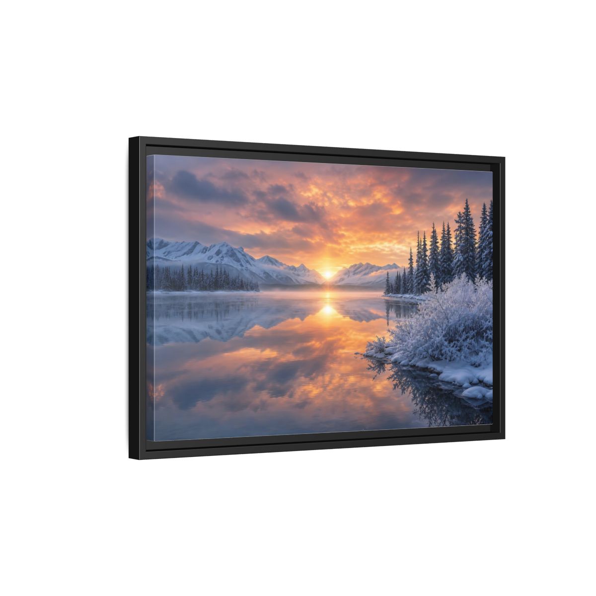 Side Mockup 3. Nature Winter Lake Winter Sunset Landscape shown as stretched canvas wall art