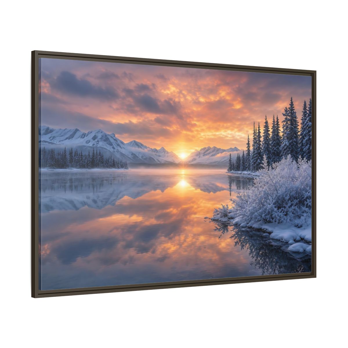 Side Mockup 8. Nature Winter Lake Winter Sunset Landscape shown as stretched canvas wall art
