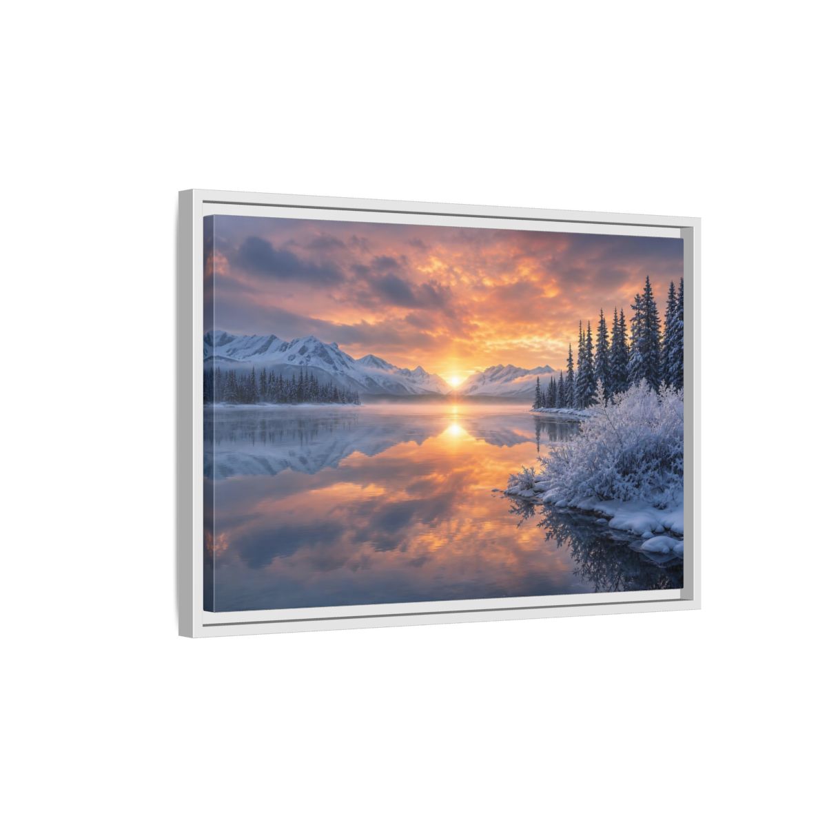 Side Mockup 1. Nature Winter Lake Winter Sunset Landscape shown as stretched canvas wall art