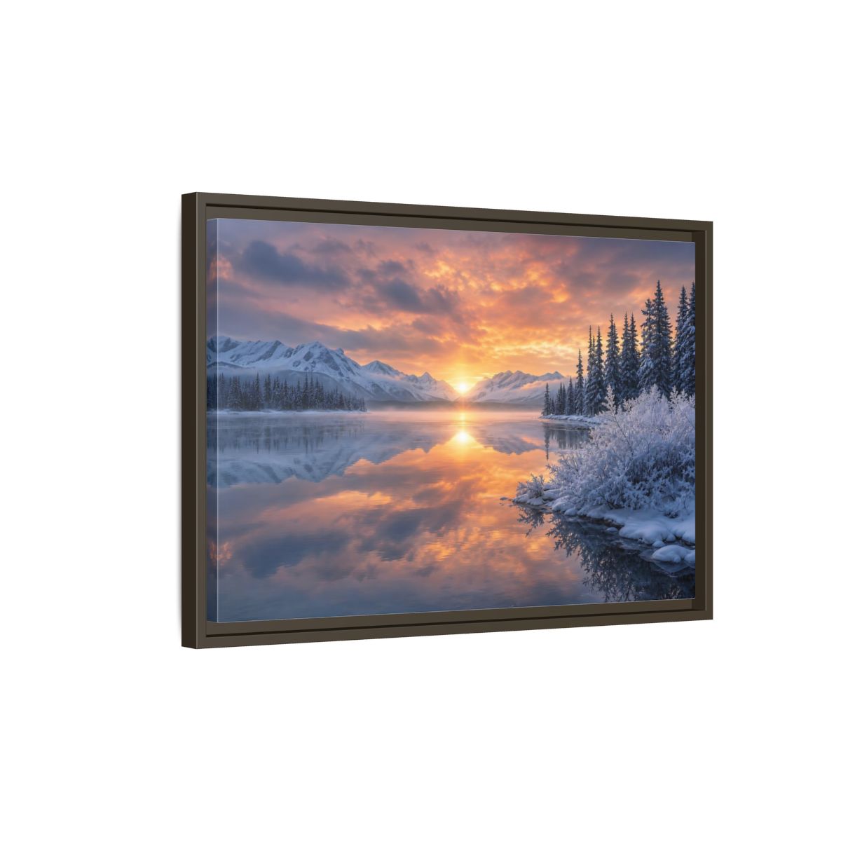 Side Mockup 2. Nature Winter Lake Winter Sunset Landscape shown as stretched canvas wall art