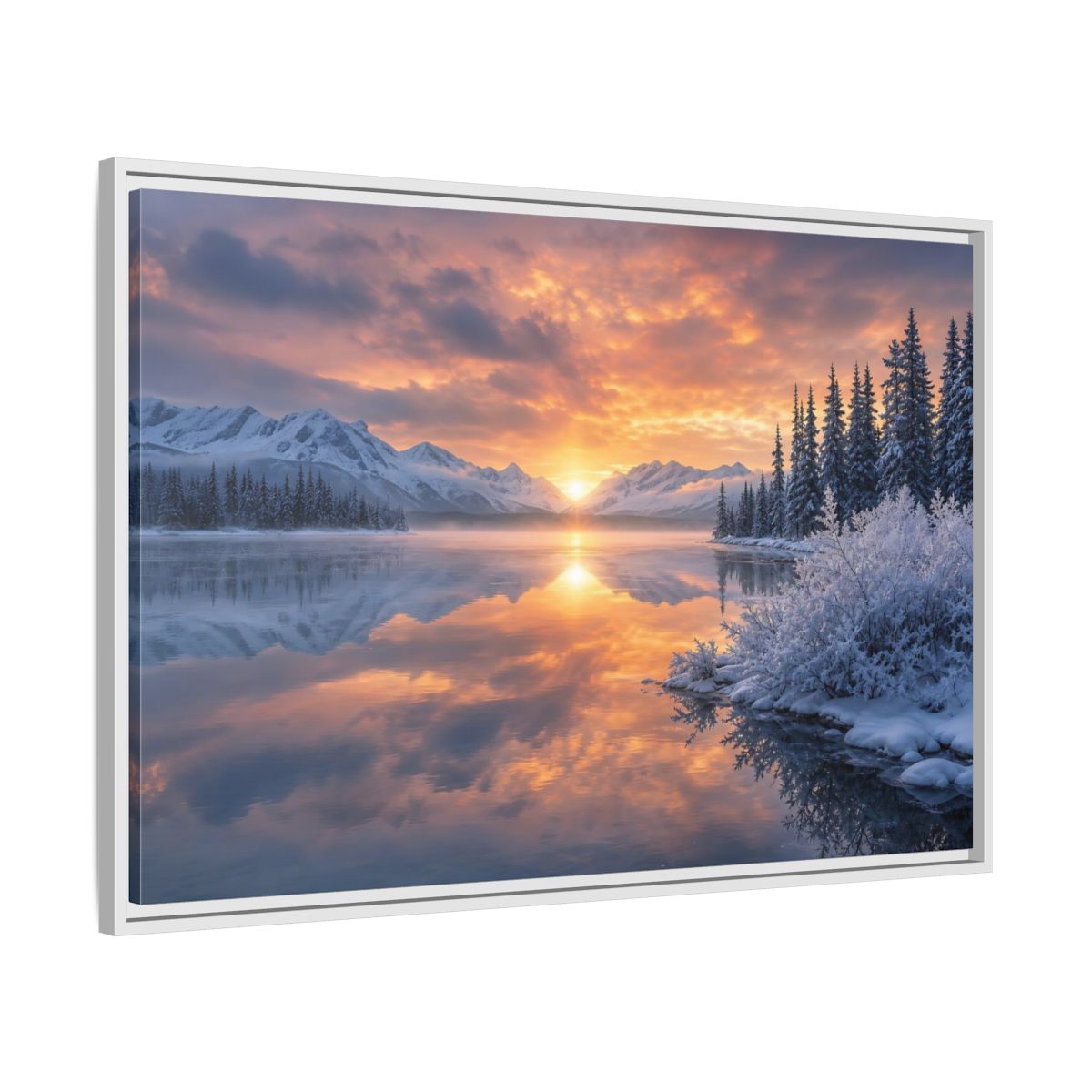 Side Mockup 9. Nature Winter Lake Winter Sunset Landscape shown as stretched canvas wall art