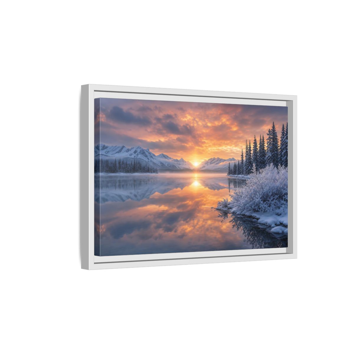 Side Mockup 4. Nature Winter Lake Winter Sunset Landscape shown as stretched canvas wall art