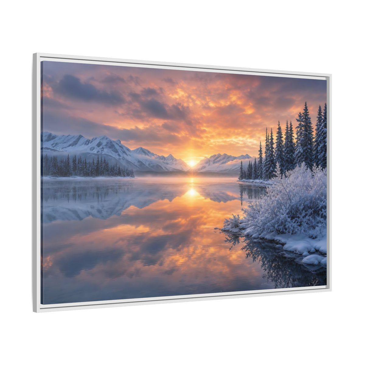 Side Mockup 7. Nature Winter Lake Winter Sunset Landscape shown as stretched canvas wall art