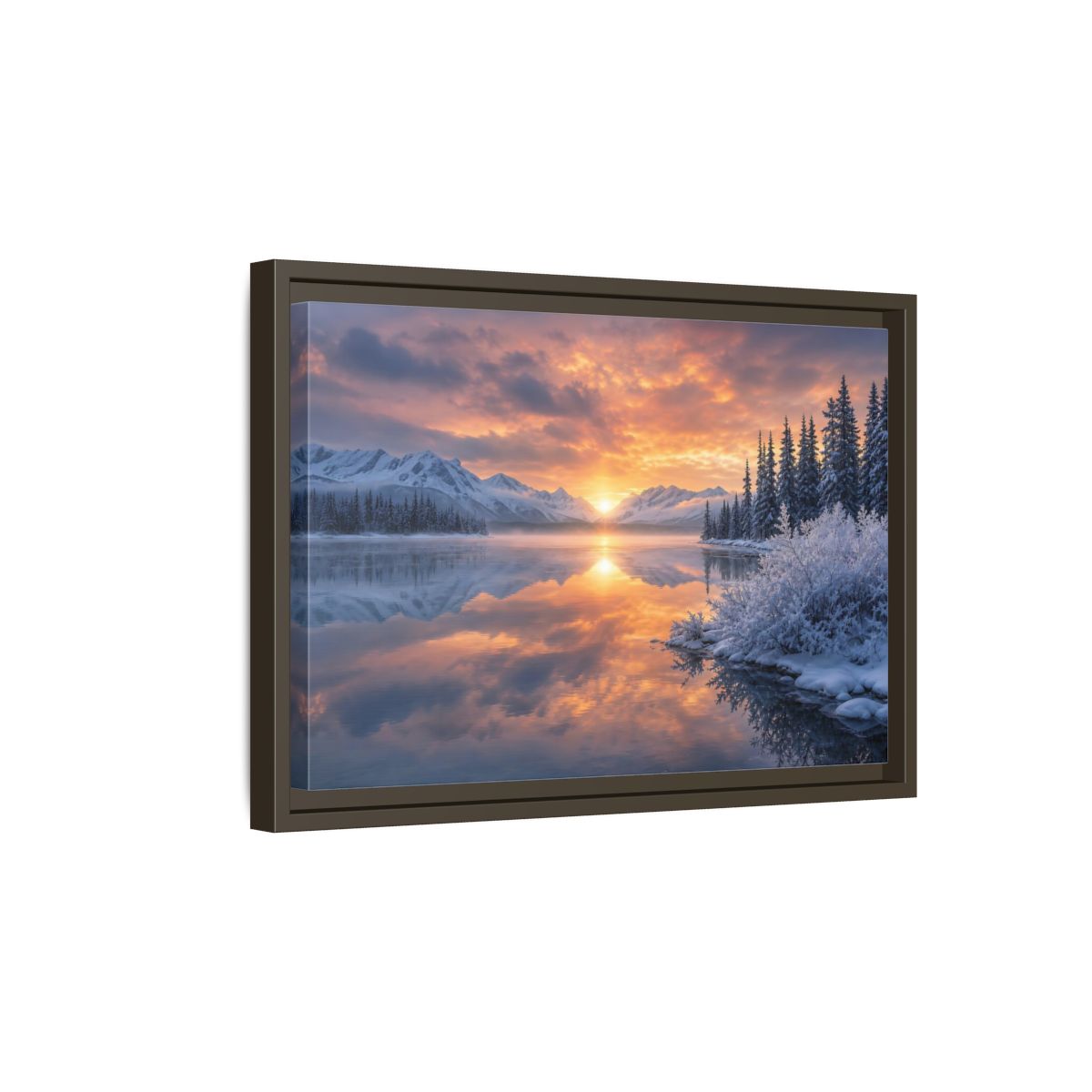 Side Mockup 5. Nature Winter Lake Winter Sunset Landscape shown as stretched canvas wall art