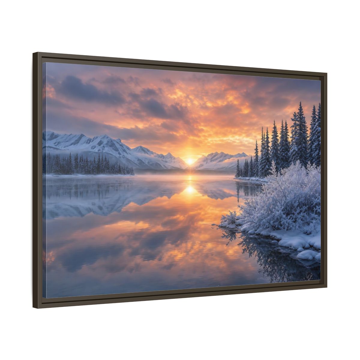 Main Mockup. Nature Winter Lake Winter Sunset Landscape shown as stretched canvas wall art