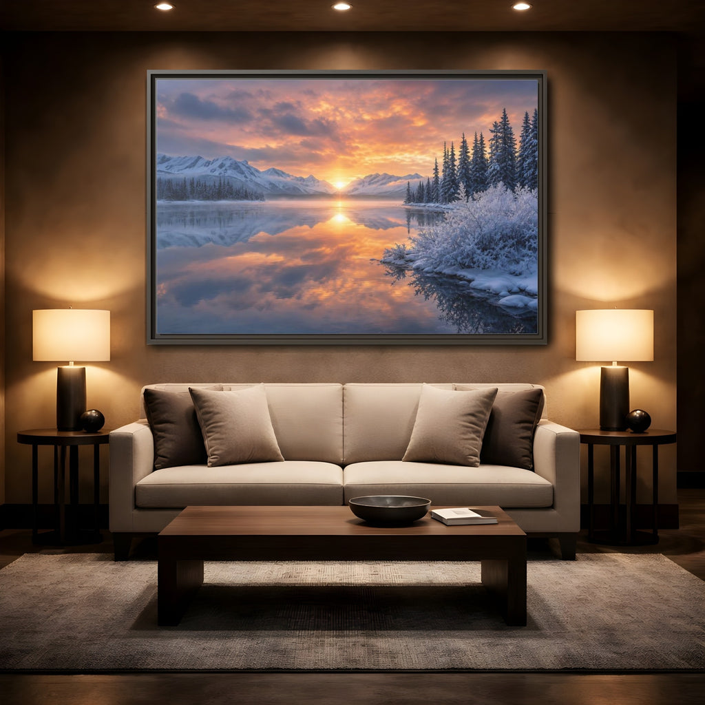 Mockup 2. Nature Winter Lake Winter Sunset Landscape shown as stretched canvas wall art