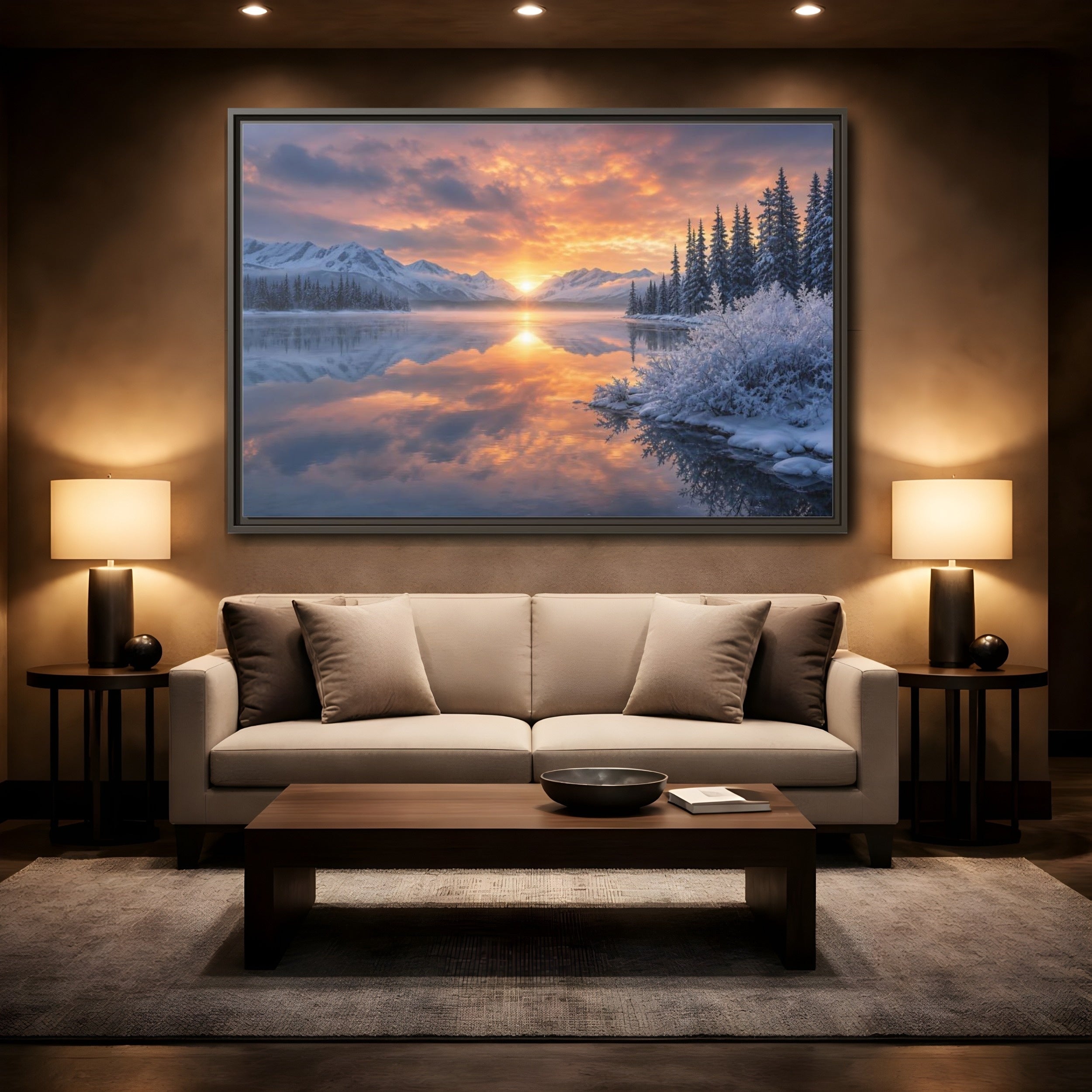 Mockup 2. Nature Winter Lake Winter Sunset Landscape shown as stretched canvas wall art