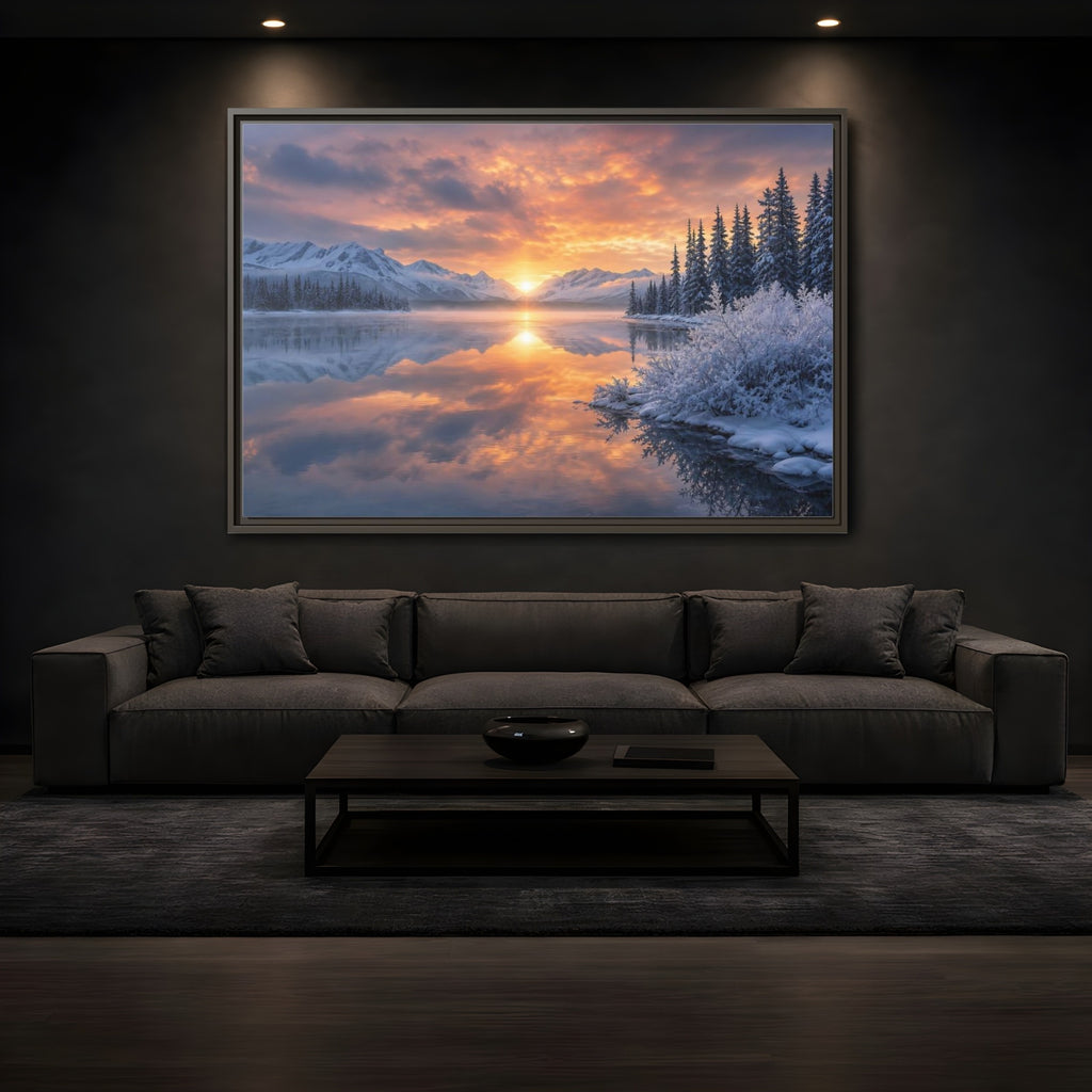 Mockup 3. Nature Winter Lake Winter Sunset Landscape shown as stretched canvas wall art