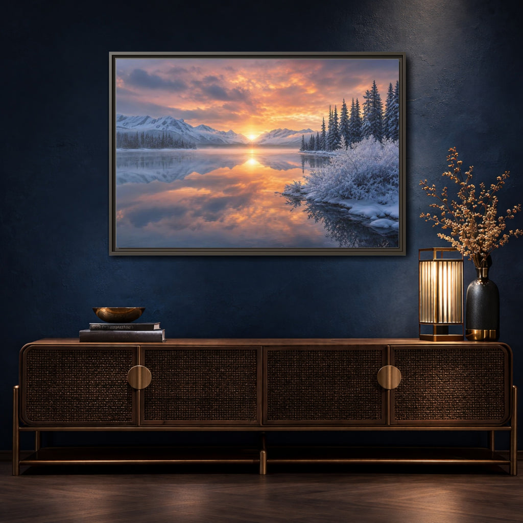 Mockup 4. Nature Winter Lake Winter Sunset Landscape shown as stretched canvas wall art