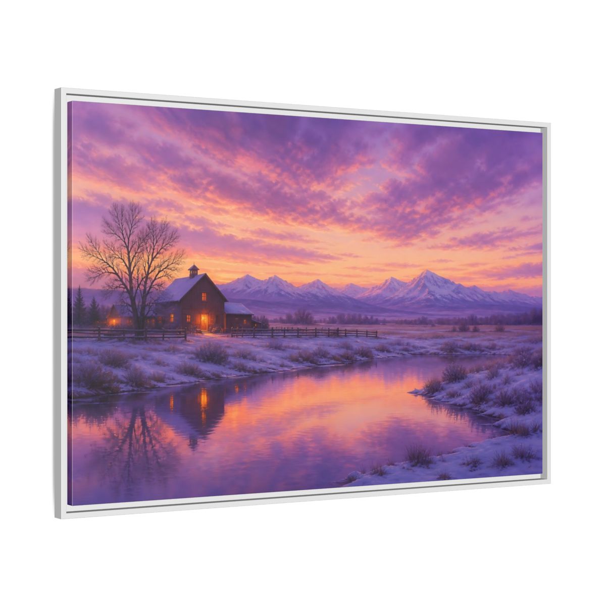 Side Mockup 7. Nature Winter Landscape Purple Winter Landscape shown as stretched canvas wall art
