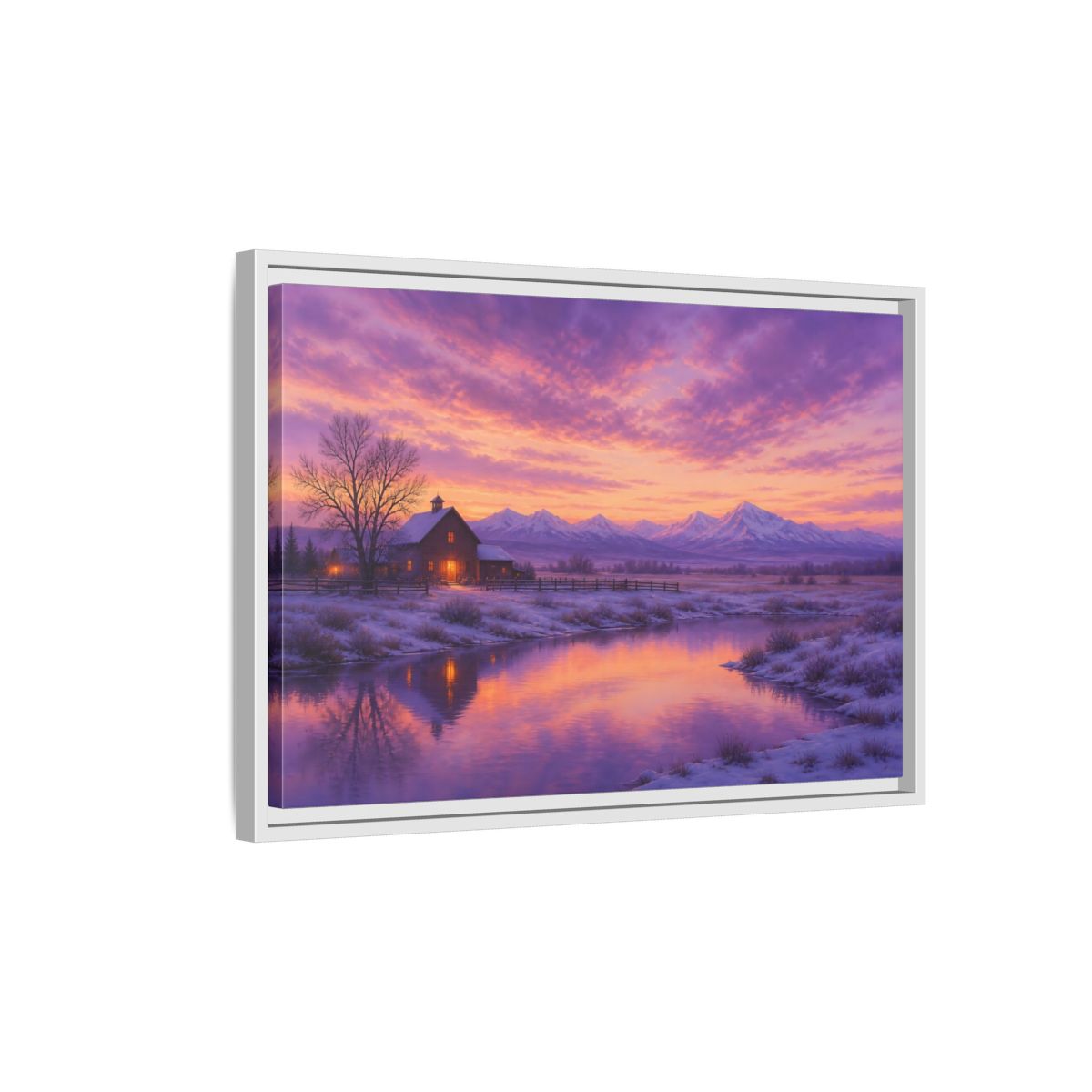 Side Mockup 1. Nature Winter Landscape Purple Winter Landscape shown as stretched canvas wall art