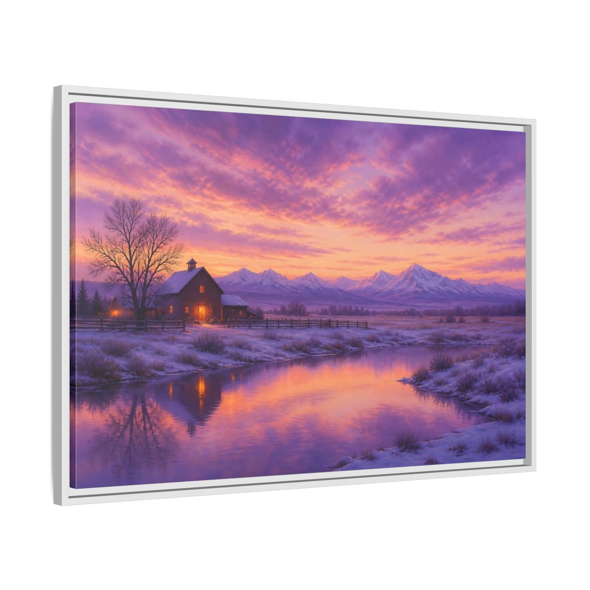 Side Mockup 9. Nature Winter Landscape Purple Winter Landscape shown as stretched canvas wall art