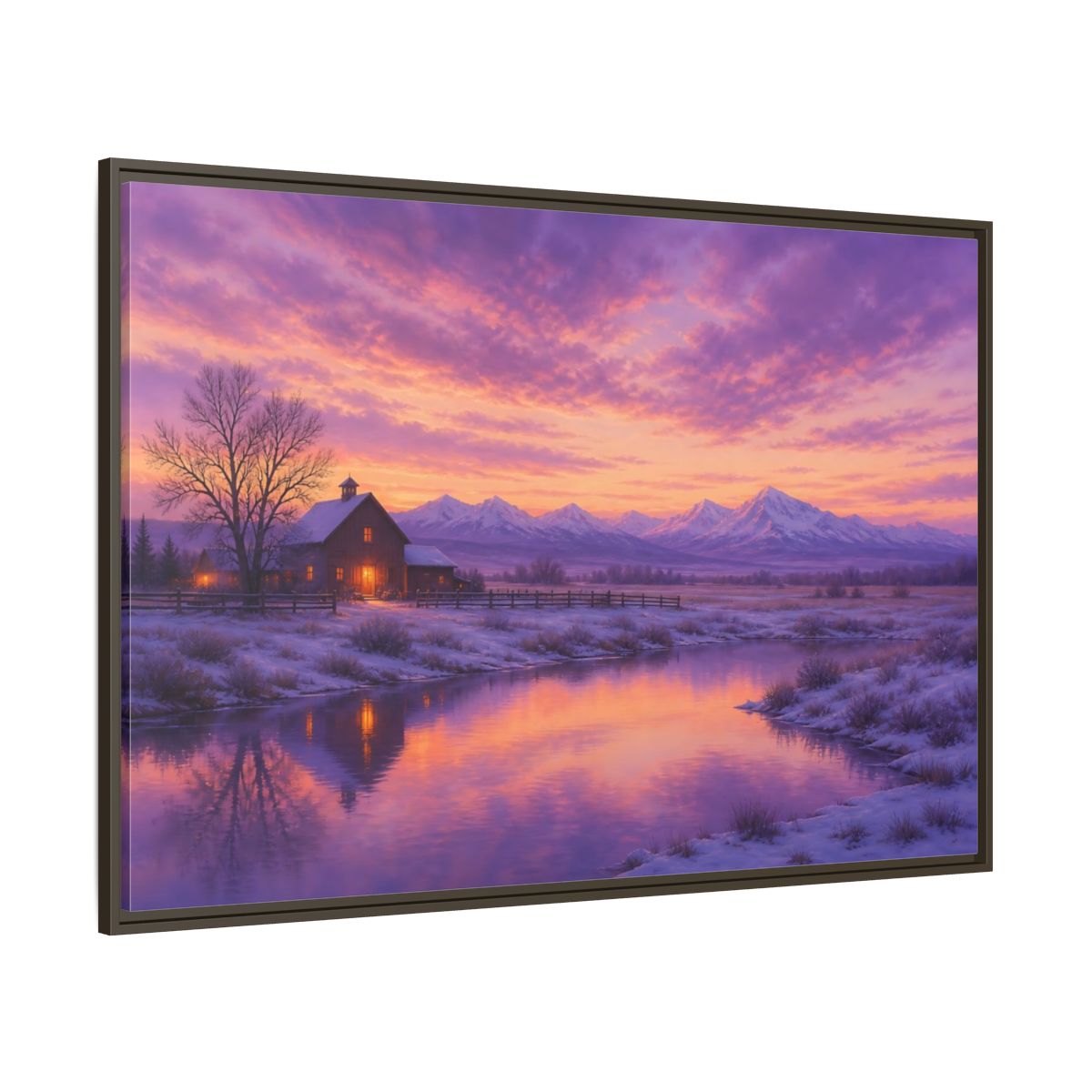 Side Mockup 8. Nature Winter Landscape Purple Winter Landscape shown as stretched canvas wall art