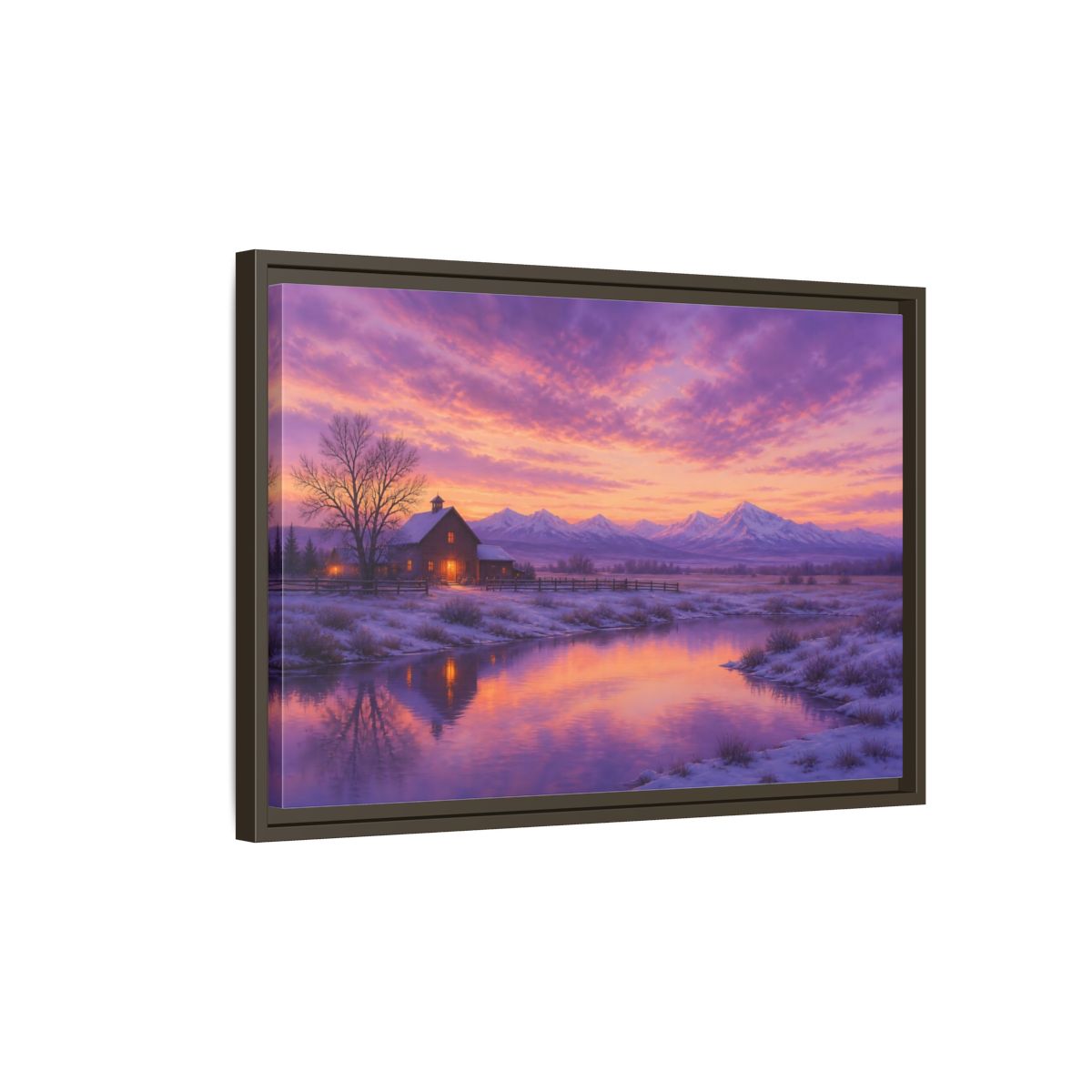 Side Mockup 2. Nature Winter Landscape Purple Winter Landscape shown as stretched canvas wall art
