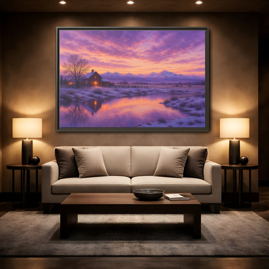 Mockup 2. Nature Winter Landscape Purple Winter Landscape shown as stretched canvas wall art